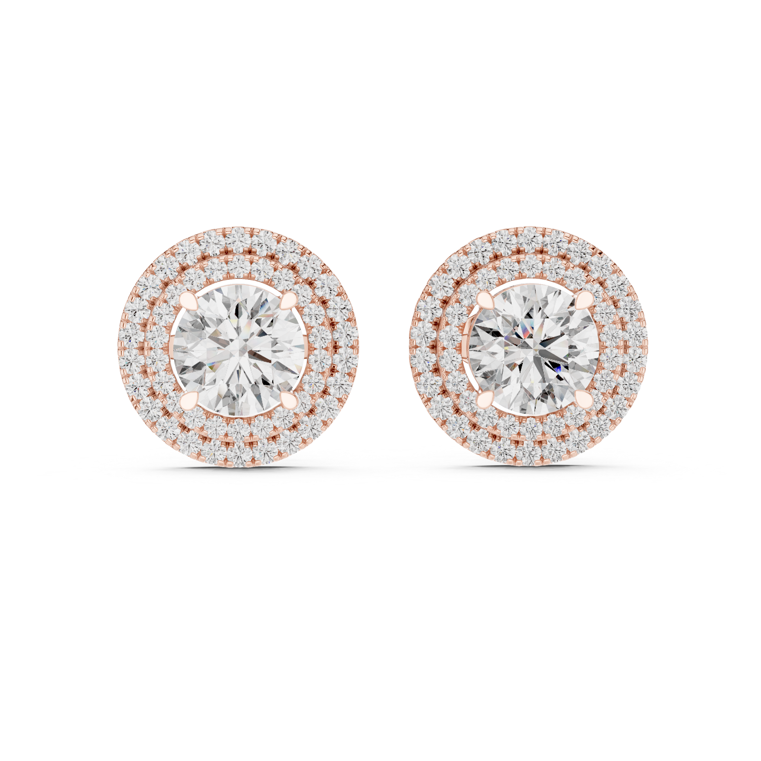 Double Halo Round Diamond Stud Earrings in Gold