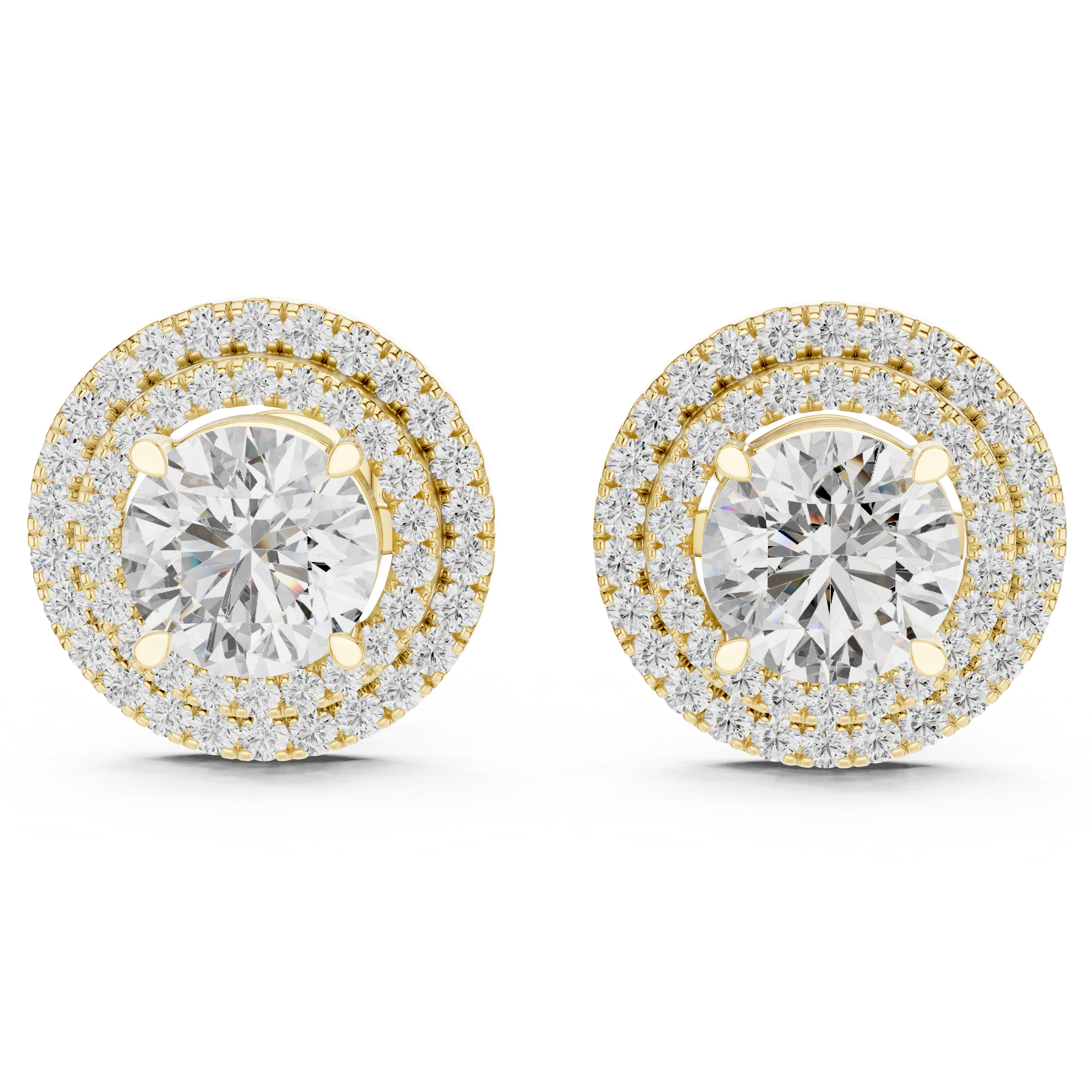 Double Halo Round Diamond Stud Earrings in Gold