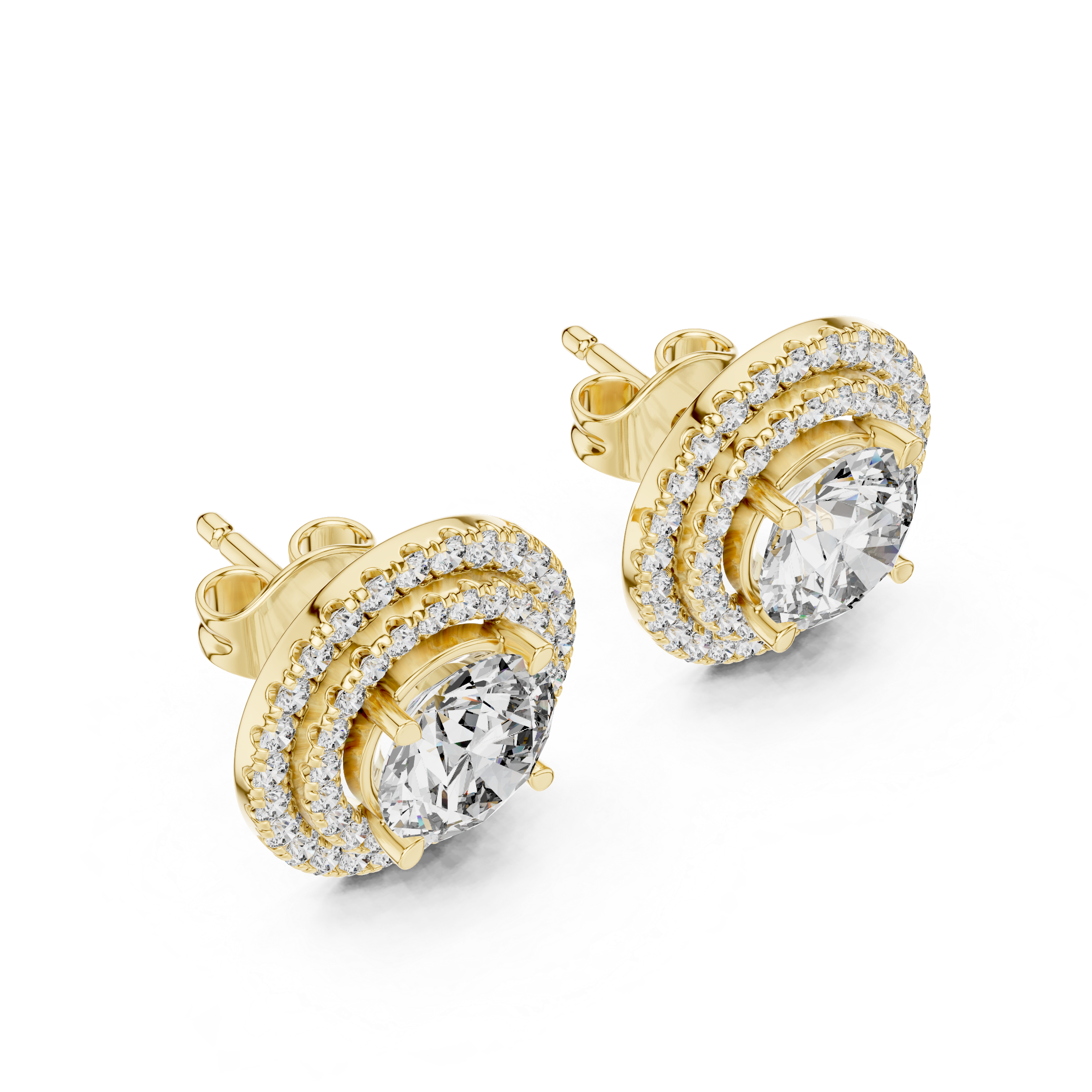 Double Halo Round Diamond Stud Earrings in Gold