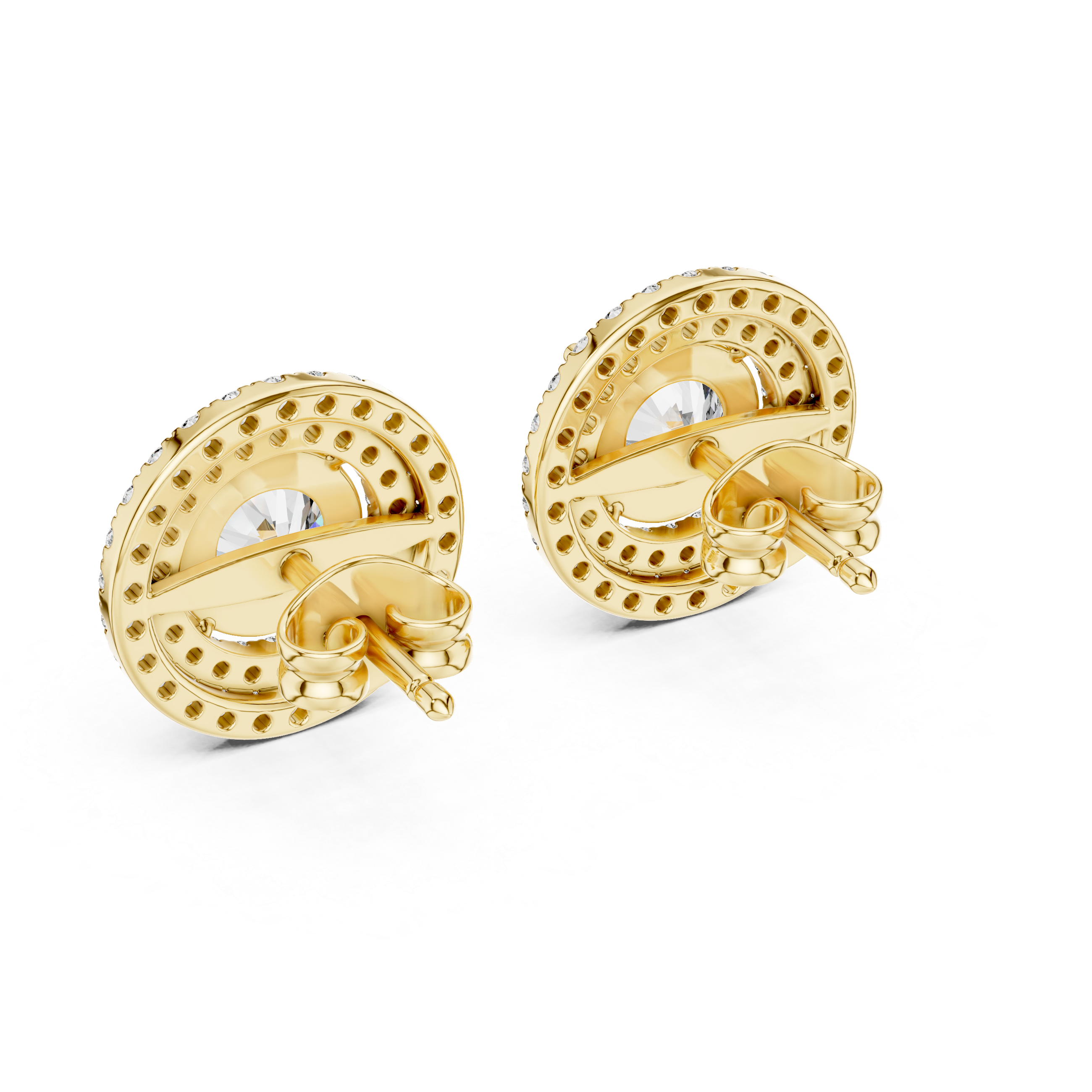 Double Halo Round Diamond Stud Earrings in Gold