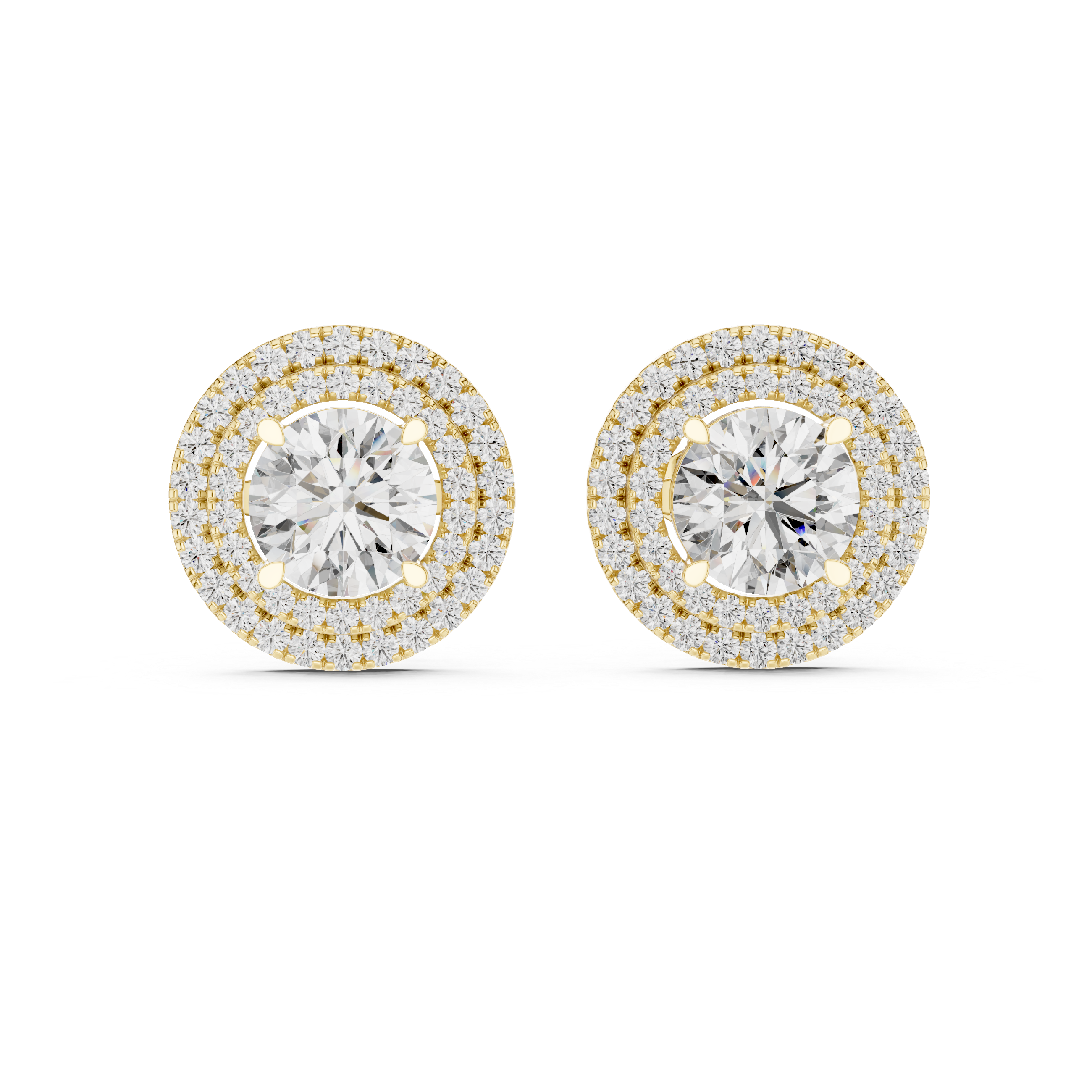 Double Halo Round Diamond Stud Earrings in Gold