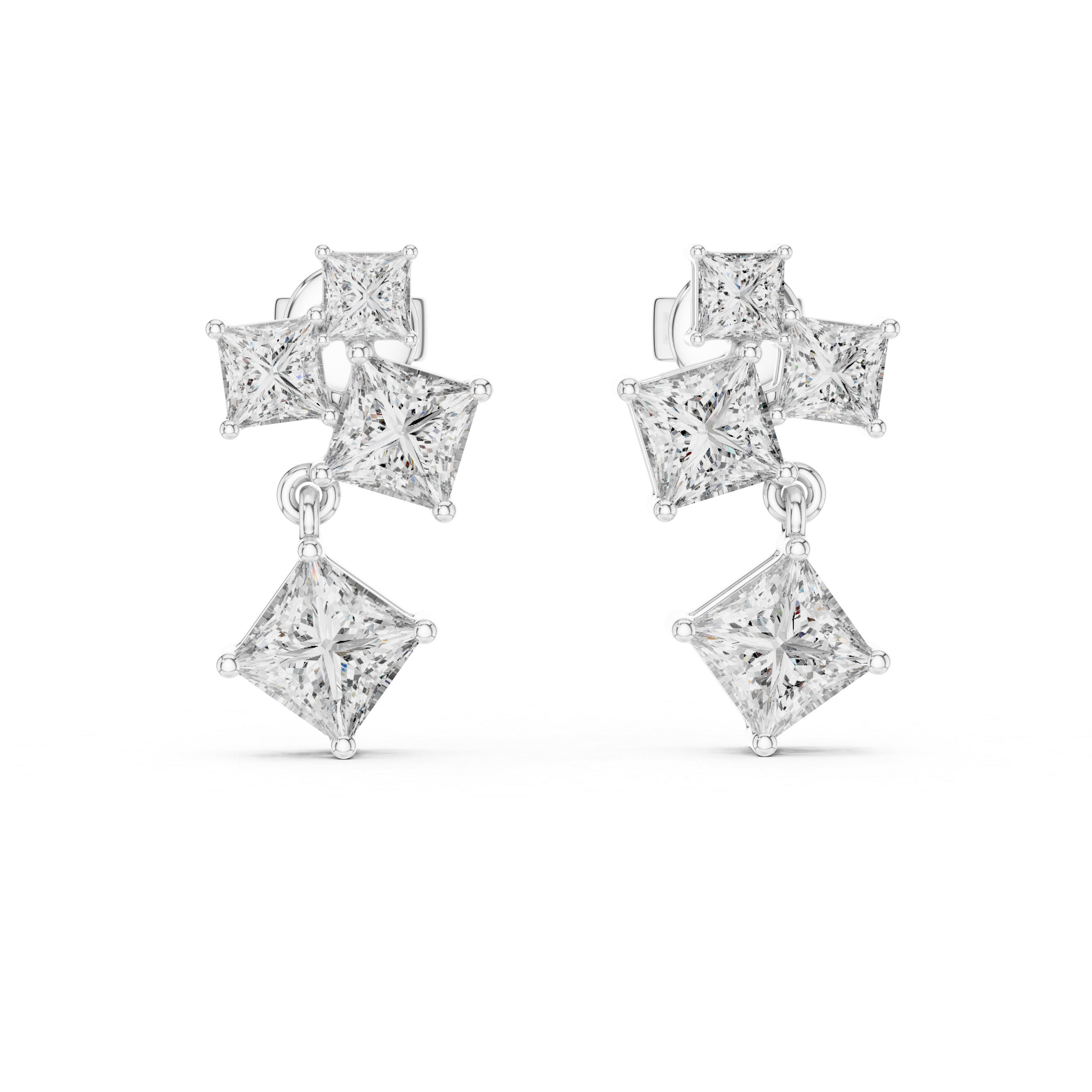 Princess Cut Diamond Cluster Drop Earrings