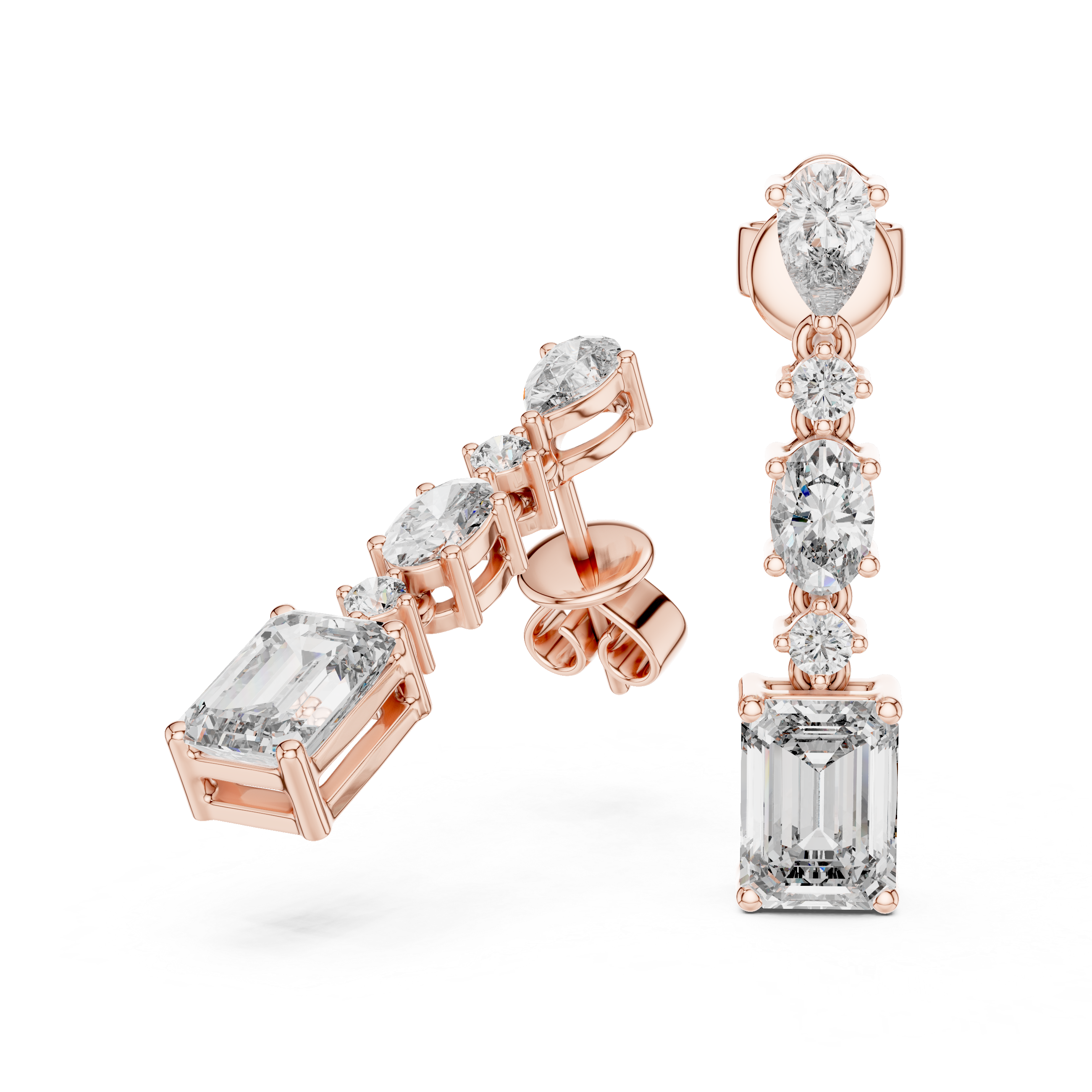 Mixed Shape Diamond Drop Earrings with Emerald Cut Center