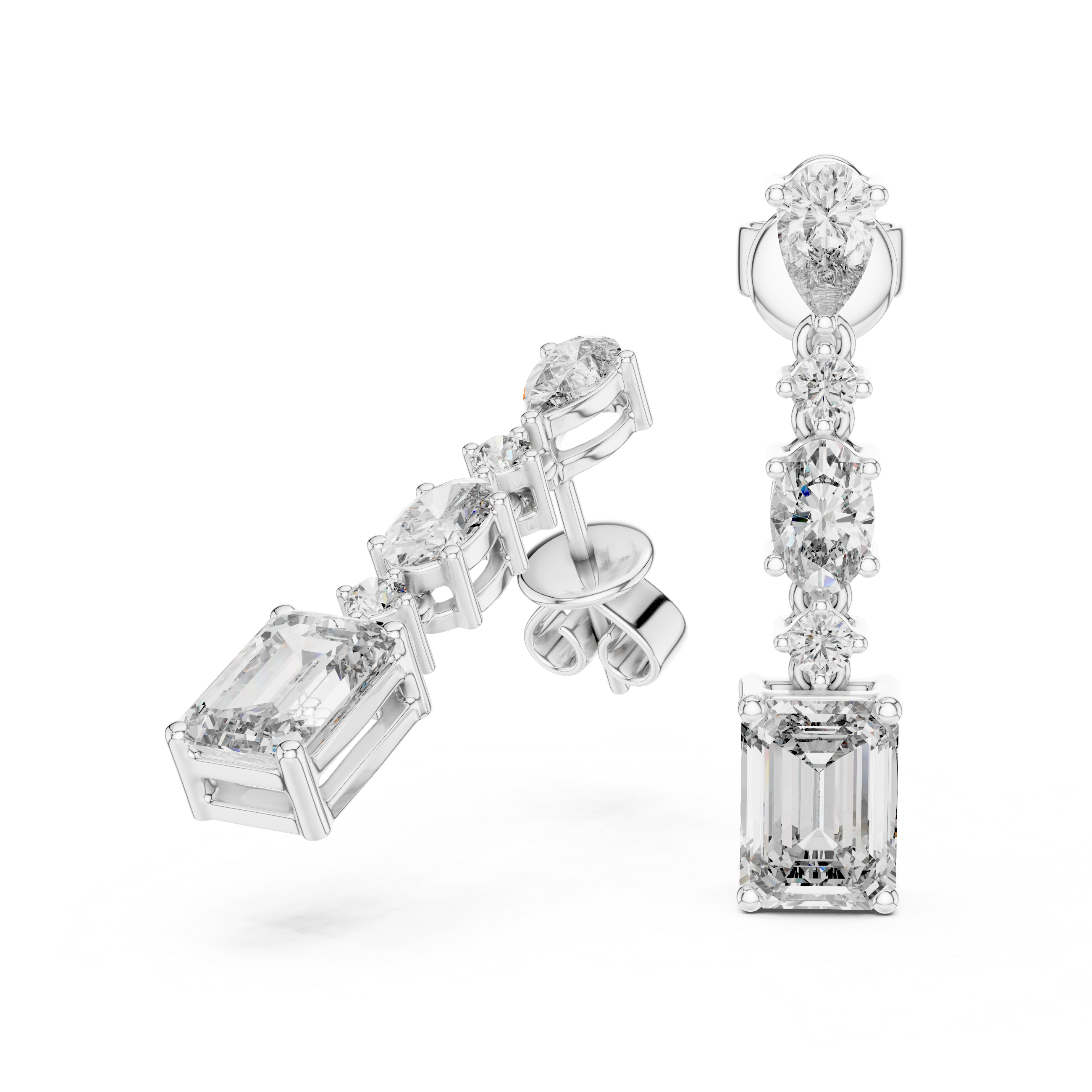 Mixed Shape Diamond Drop Earrings with Emerald Cut Center