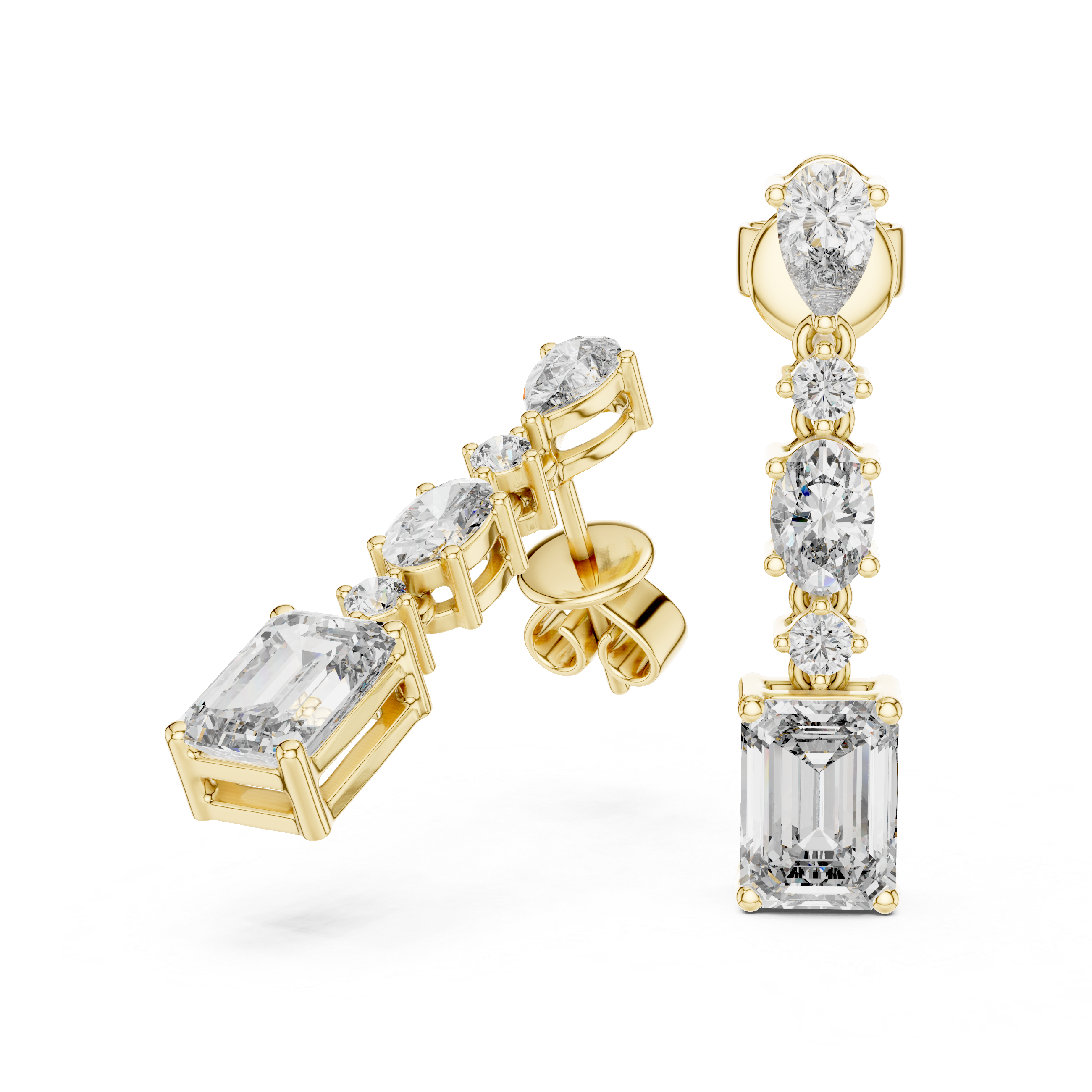 Mixed Shape Diamond Drop Earrings with Emerald Cut Center