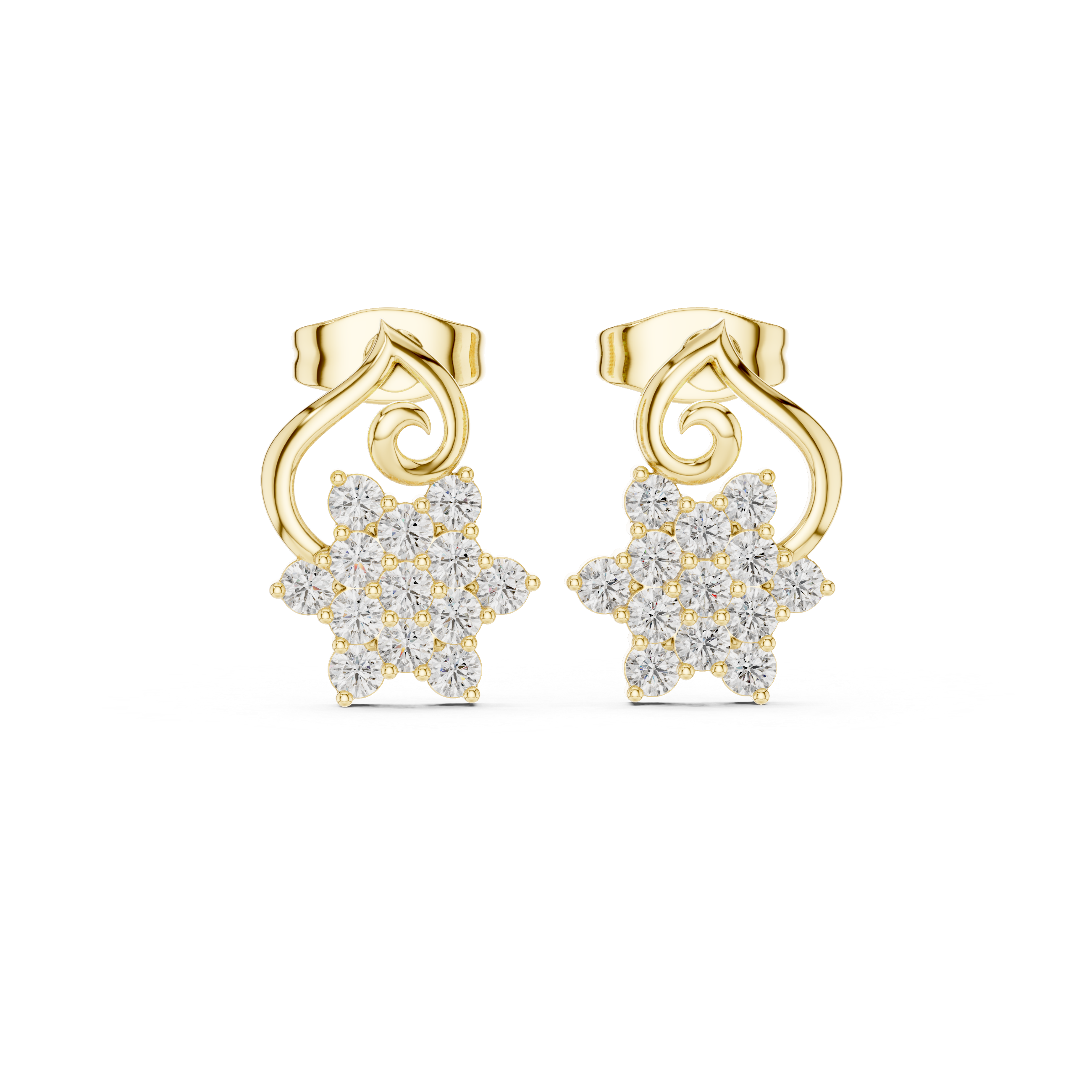 Floral Cluster Diamond Earrings with Curved Gold Motif – Elegant Statement Design