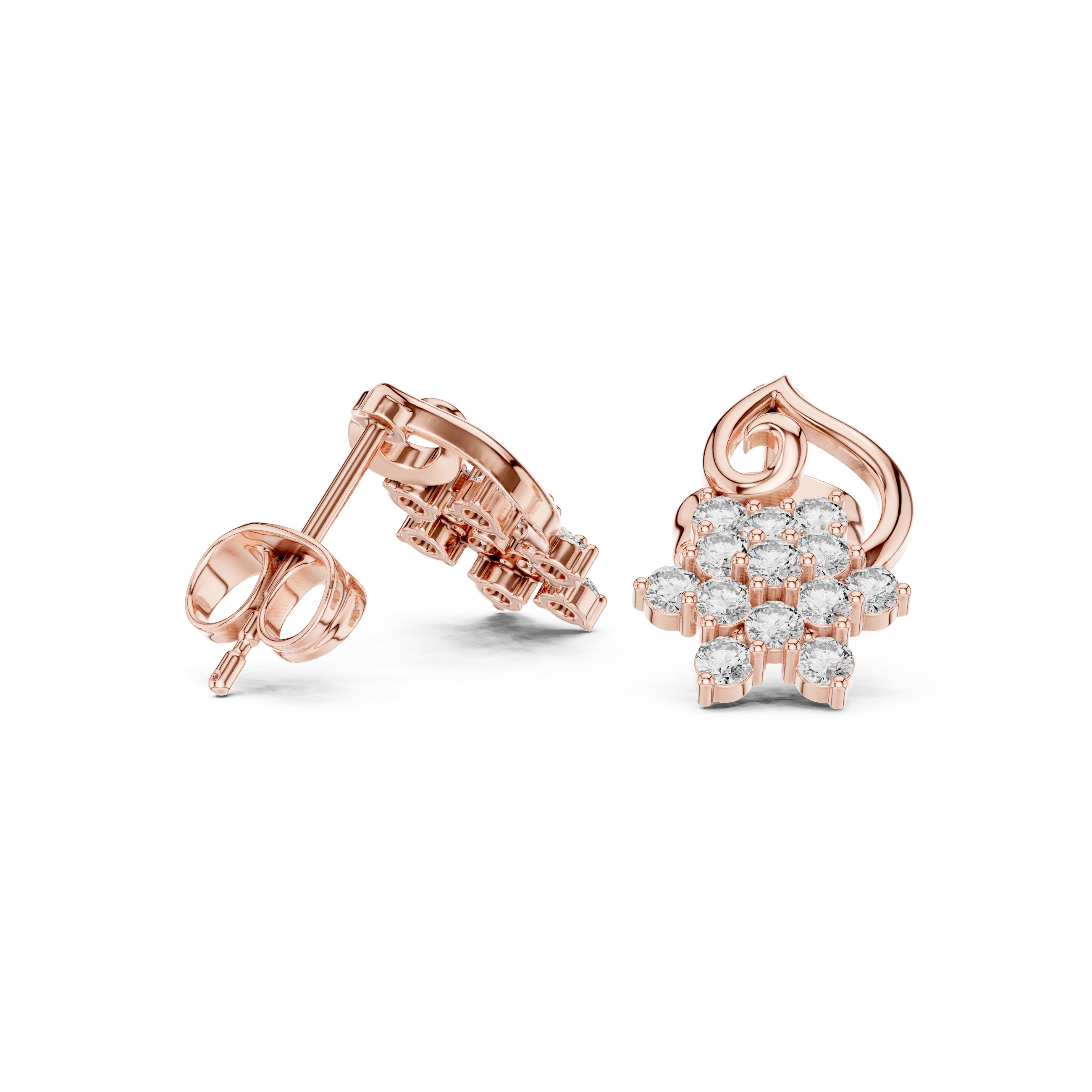 Floral Cluster Diamond Earrings with Curved Gold Motif – Elegant Statement Design