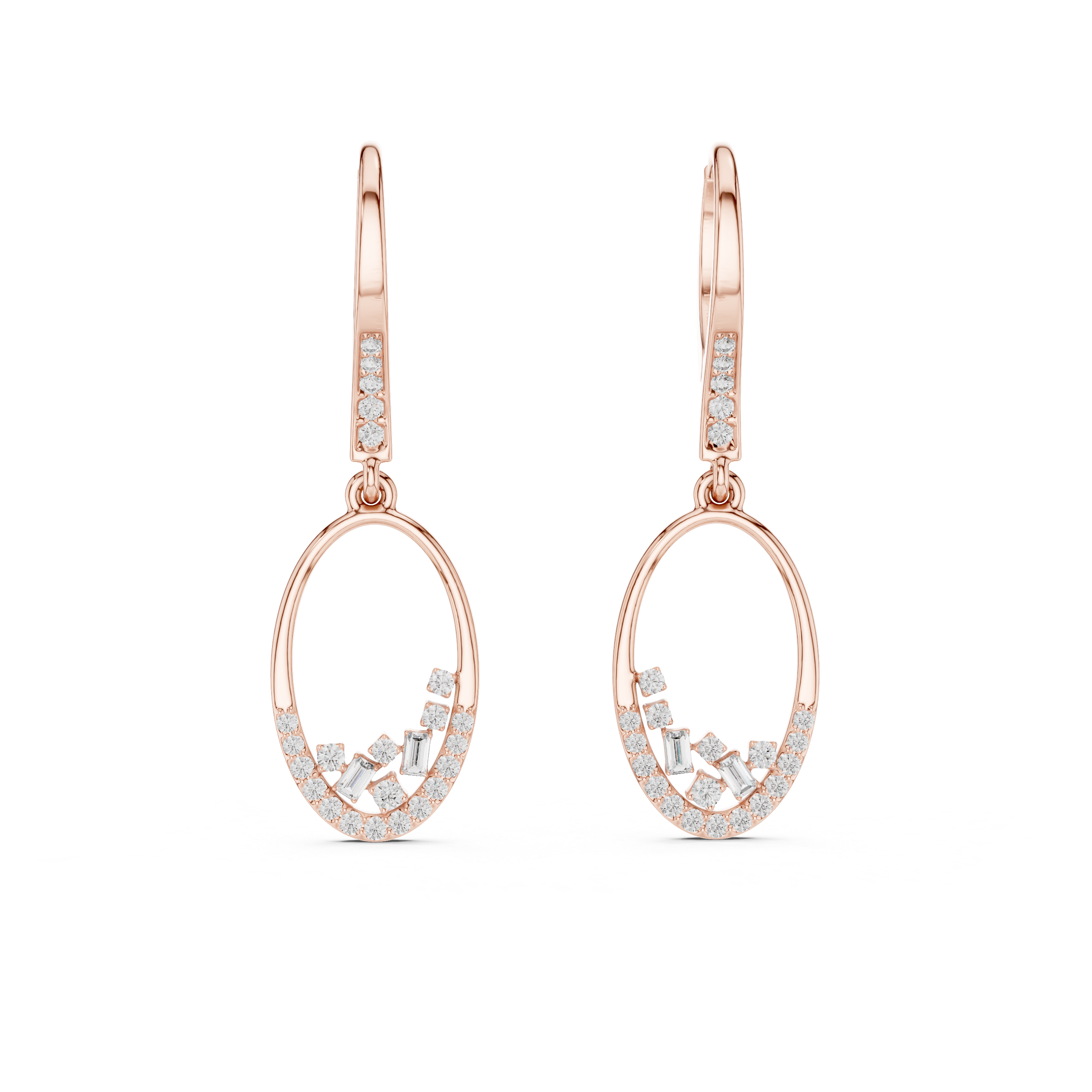 Diamond Oval Drop Earrings with Floating Cluster Design