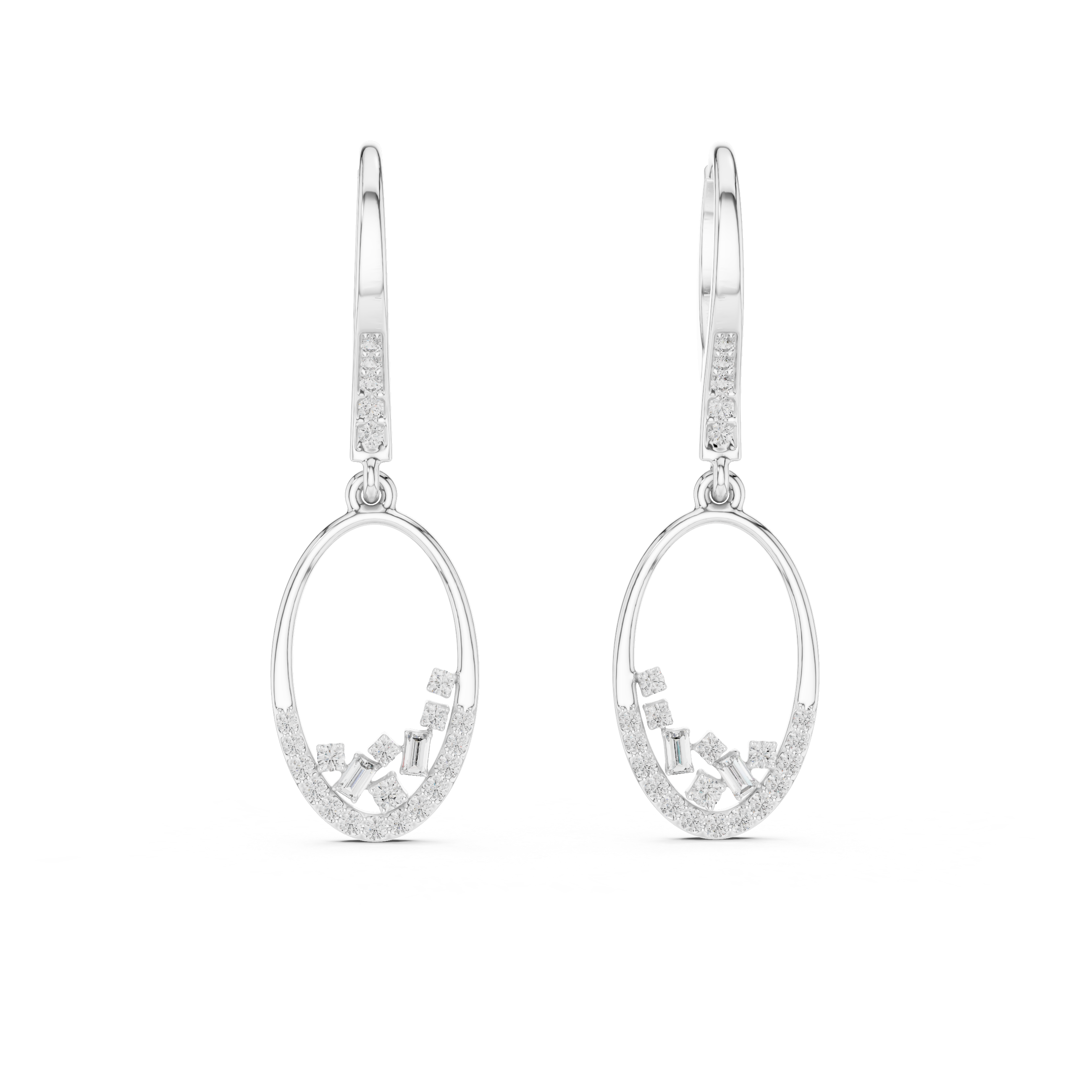 Diamond Oval Drop Earrings with Floating Cluster Design