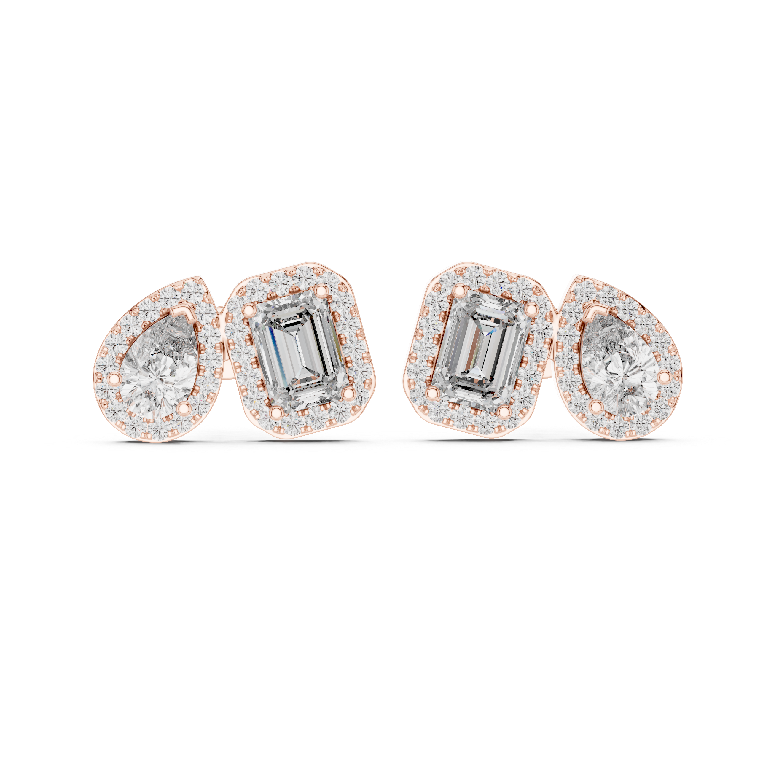 Elegant Dual Shape Diamond Stud Earrings with Emerald & Pear Halo Design