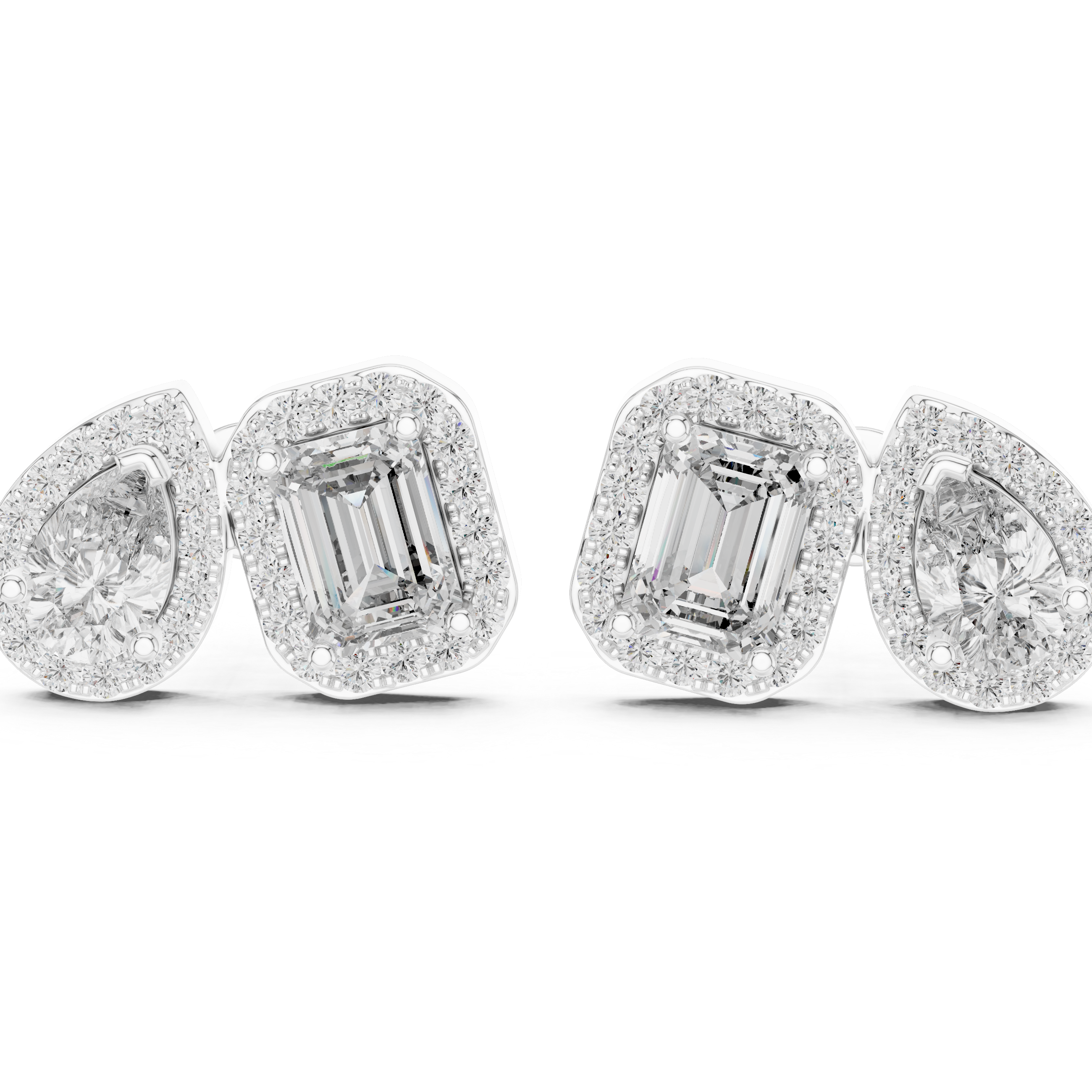 Elegant Dual Shape Diamond Stud Earrings with Emerald & Pear Halo Design