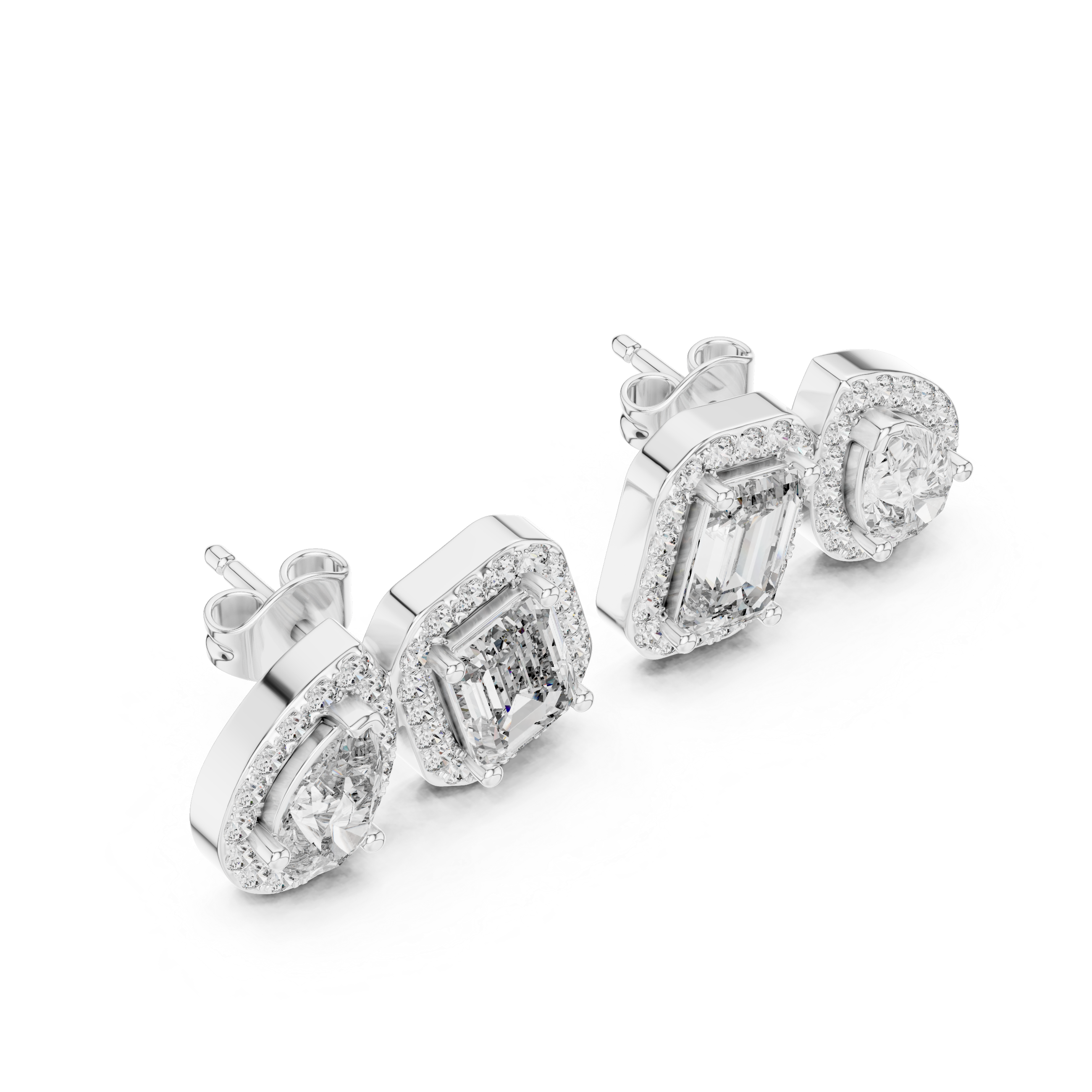 Elegant Dual Shape Diamond Stud Earrings with Emerald & Pear Halo Design