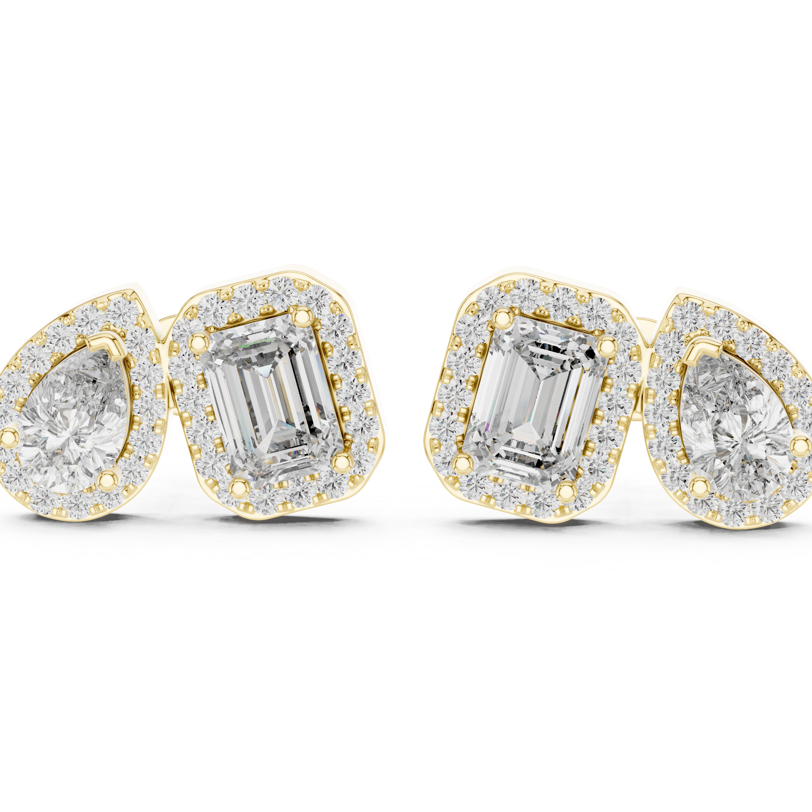 Elegant Dual Shape Diamond Stud Earrings with Emerald & Pear Halo Design