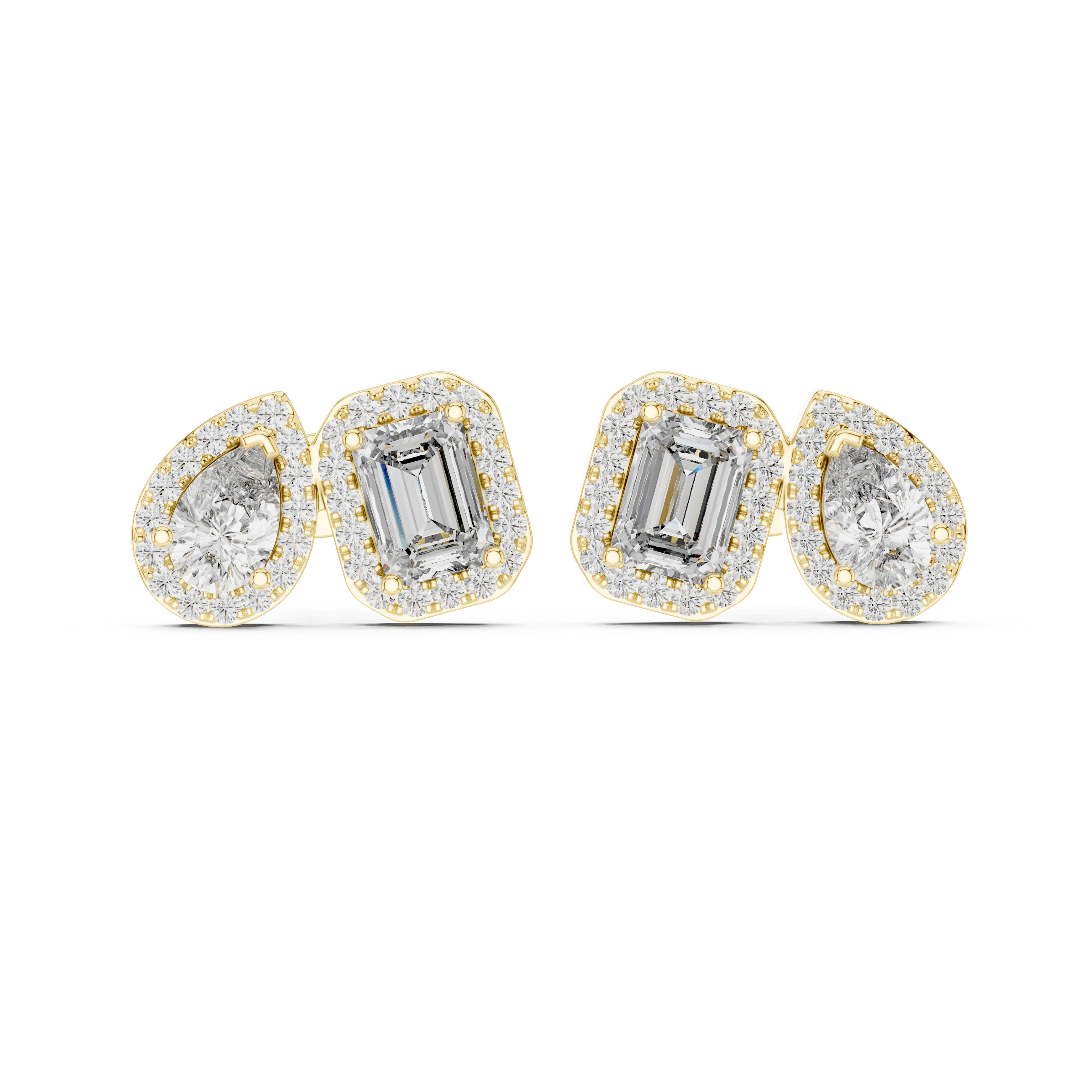 Elegant Dual Shape Diamond Stud Earrings with Emerald & Pear Halo Design