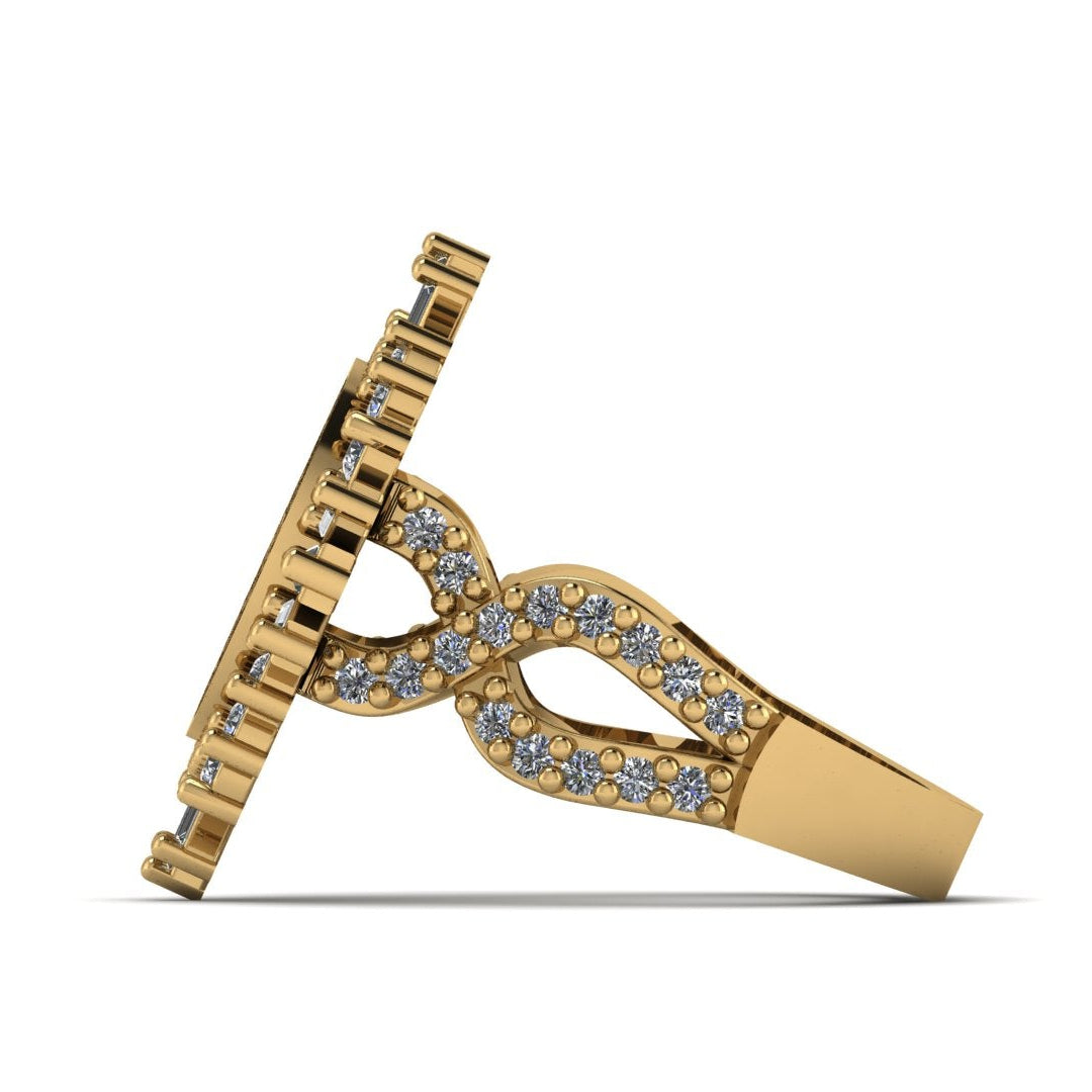 Gold necklace with a unique design on a white background