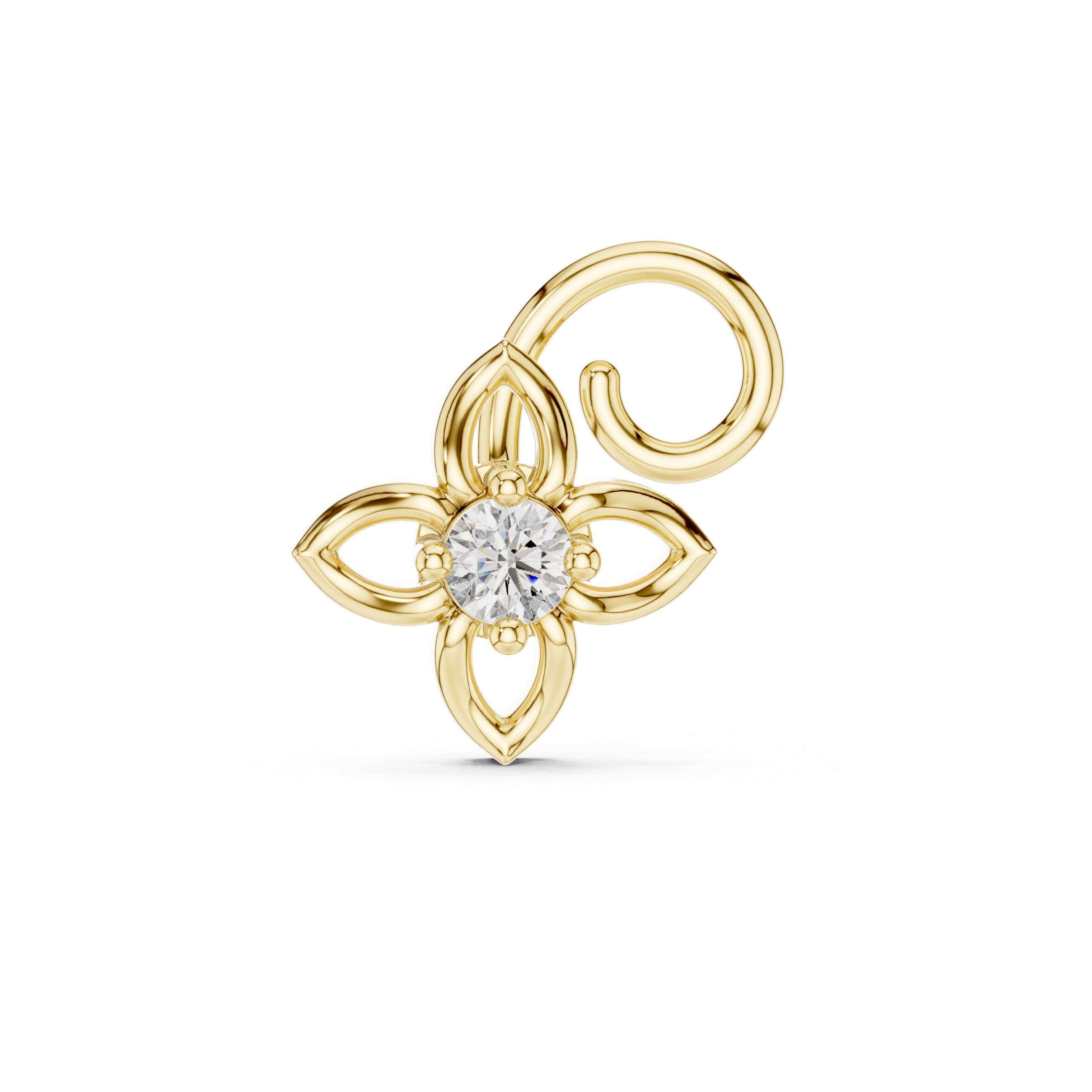 Minimal Floral Diamond Nose Ring with Curved Gold Hook – Delicate Everyday Design