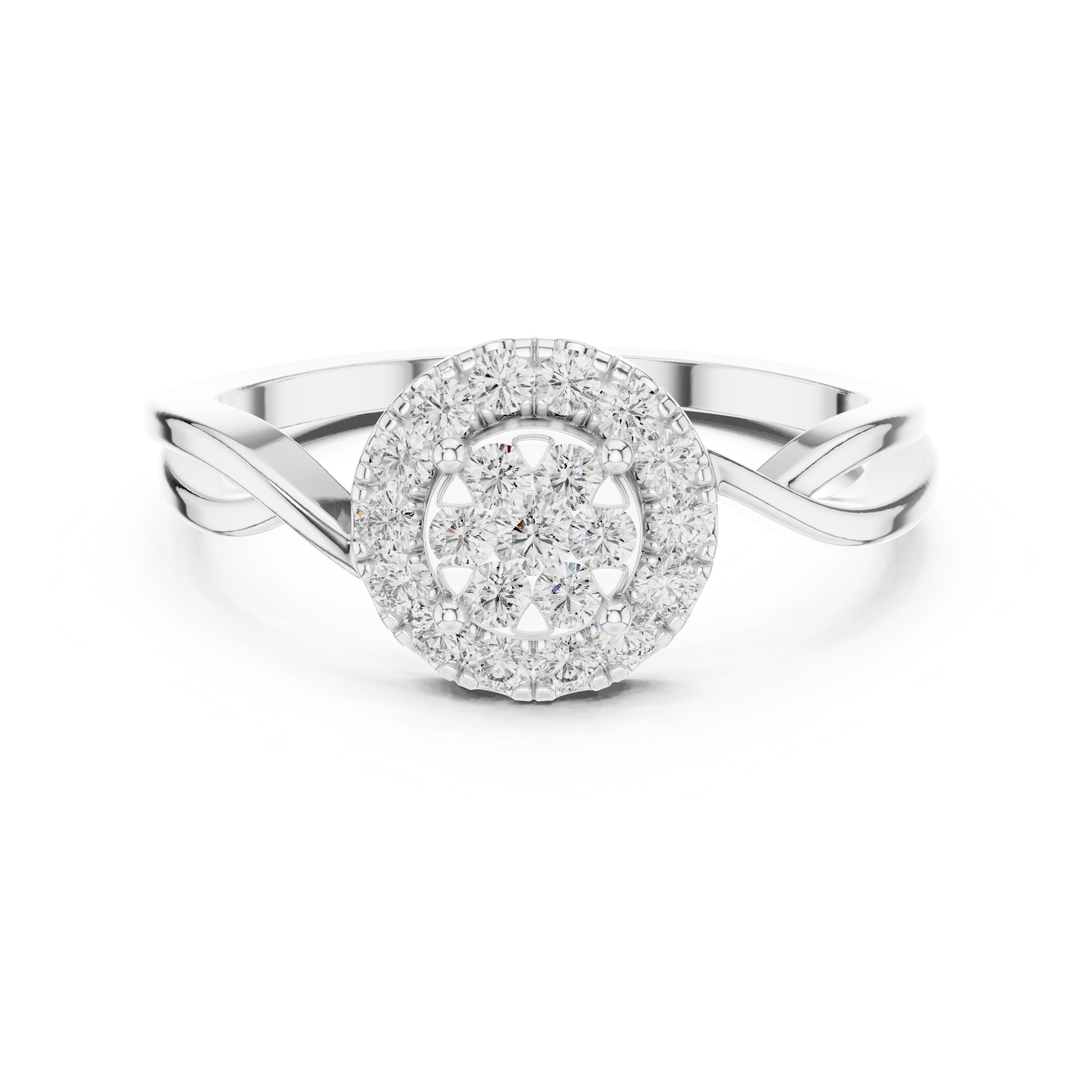 Round Halo Diamond Ring with Twisted Band Detail