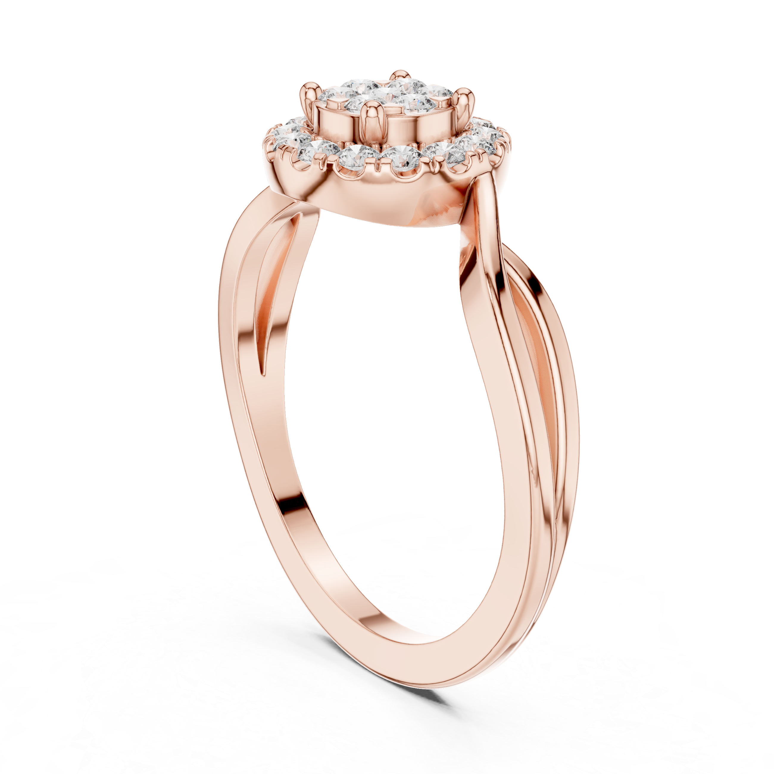 Round Halo Diamond Ring with Twisted Band Detail