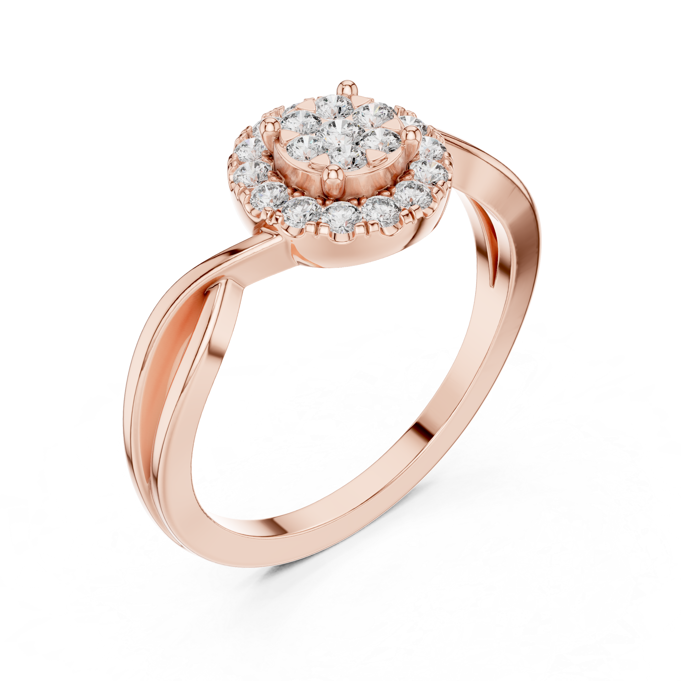 Round Halo Diamond Ring with Twisted Band Detail