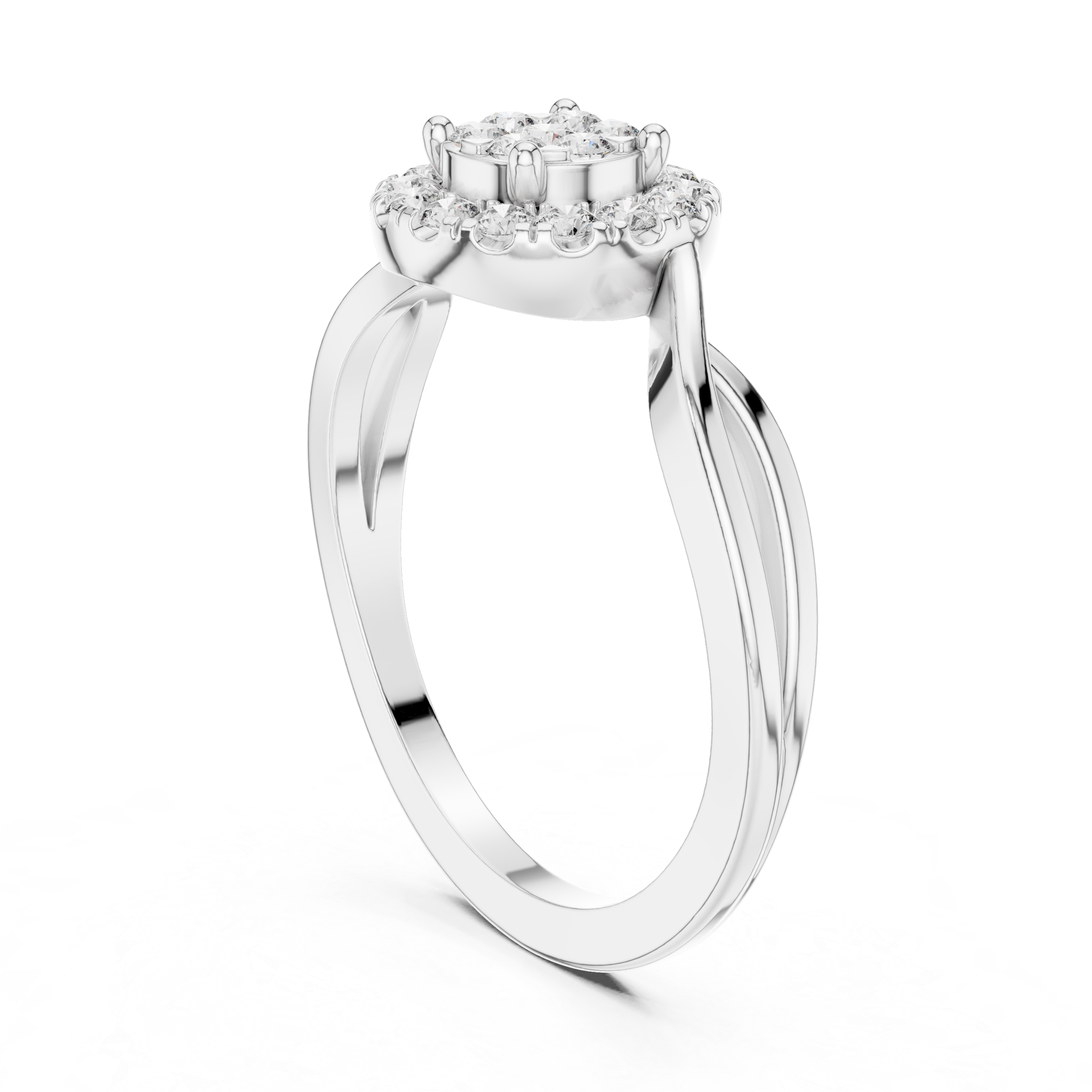 Round Halo Diamond Ring with Twisted Band Detail