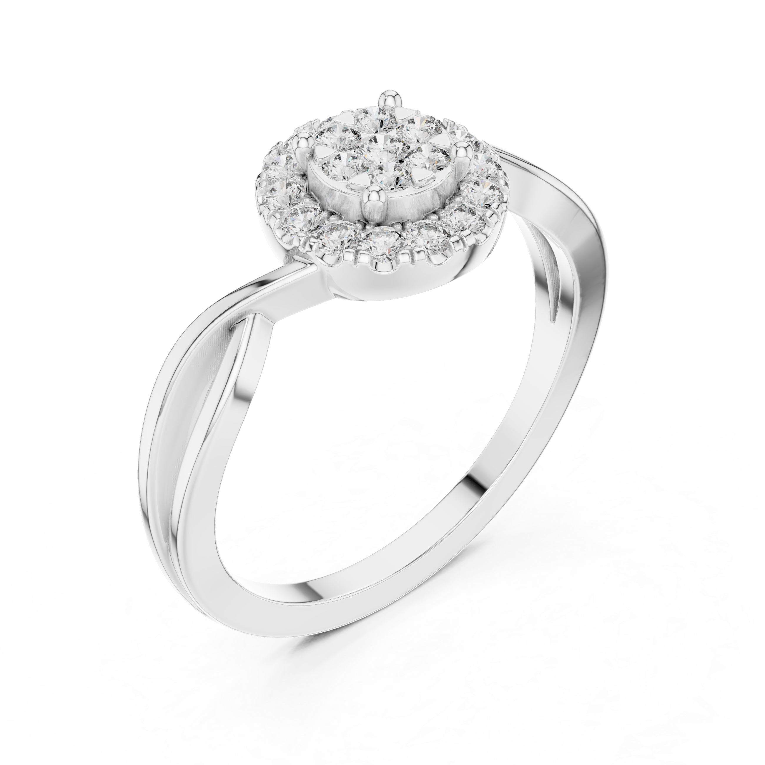 Round Halo Diamond Ring with Twisted Band Detail