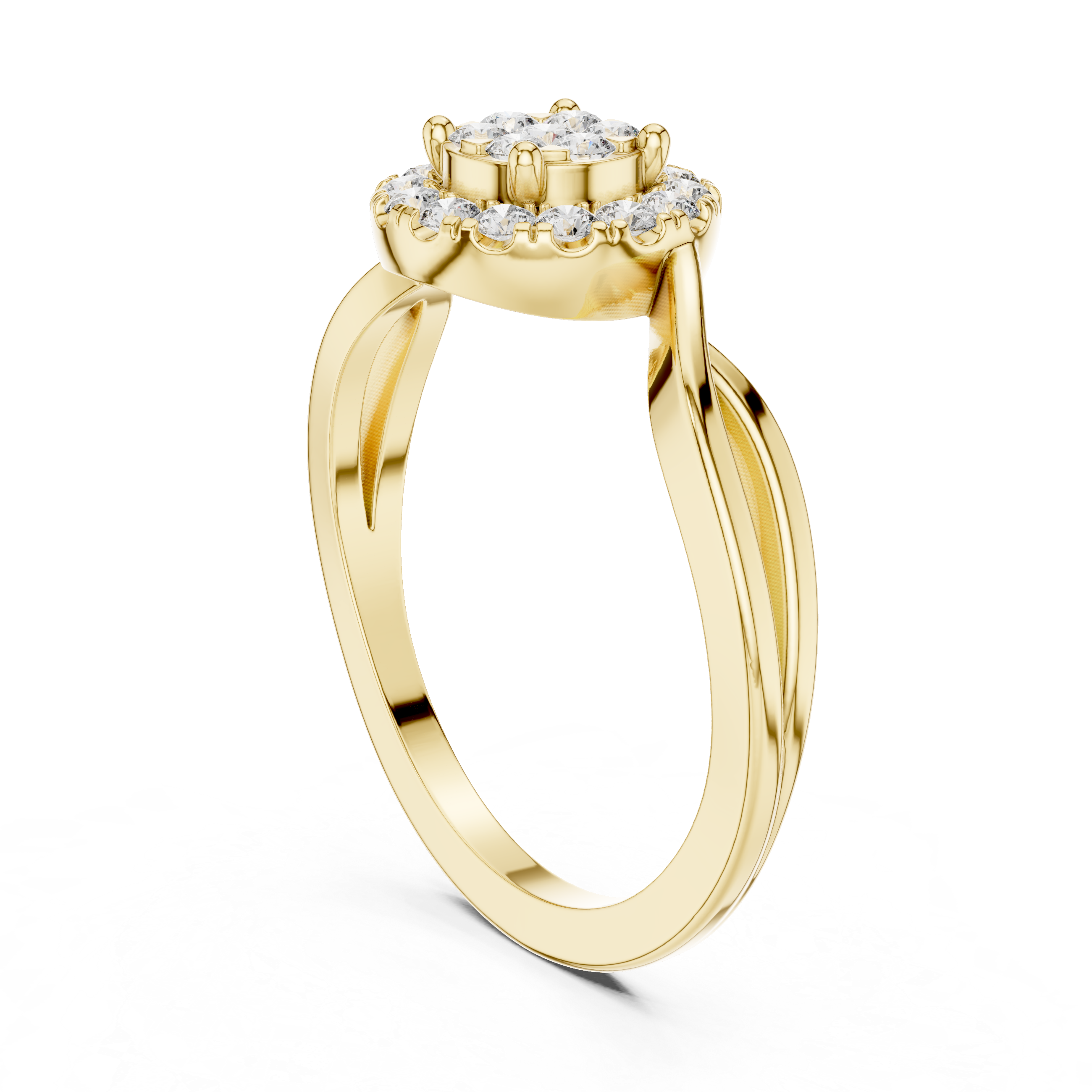 Round Halo Diamond Ring with Twisted Band Detail