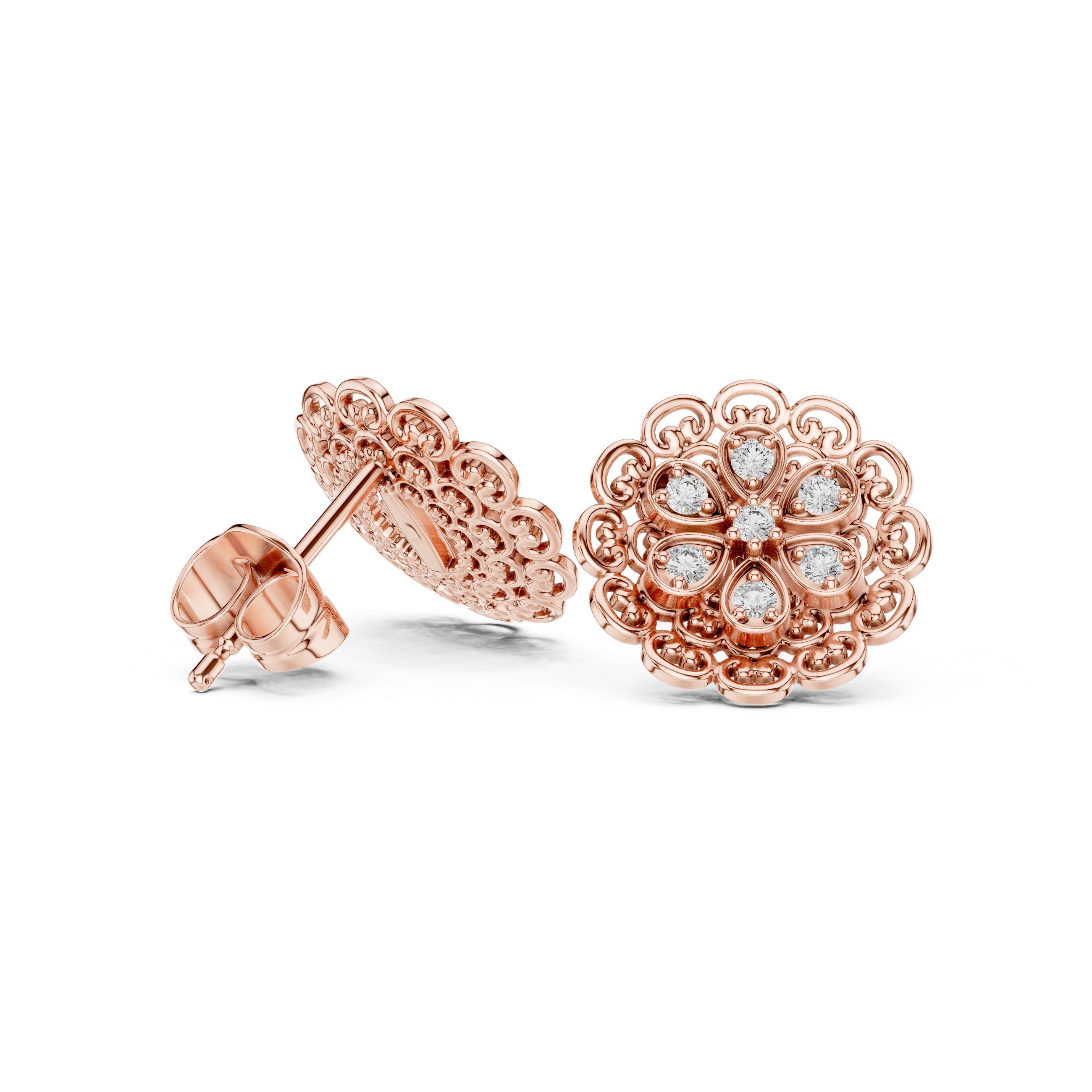 Vintage Lace Floral Diamond Stud Earrings – Intricate Filigree Bloom Design