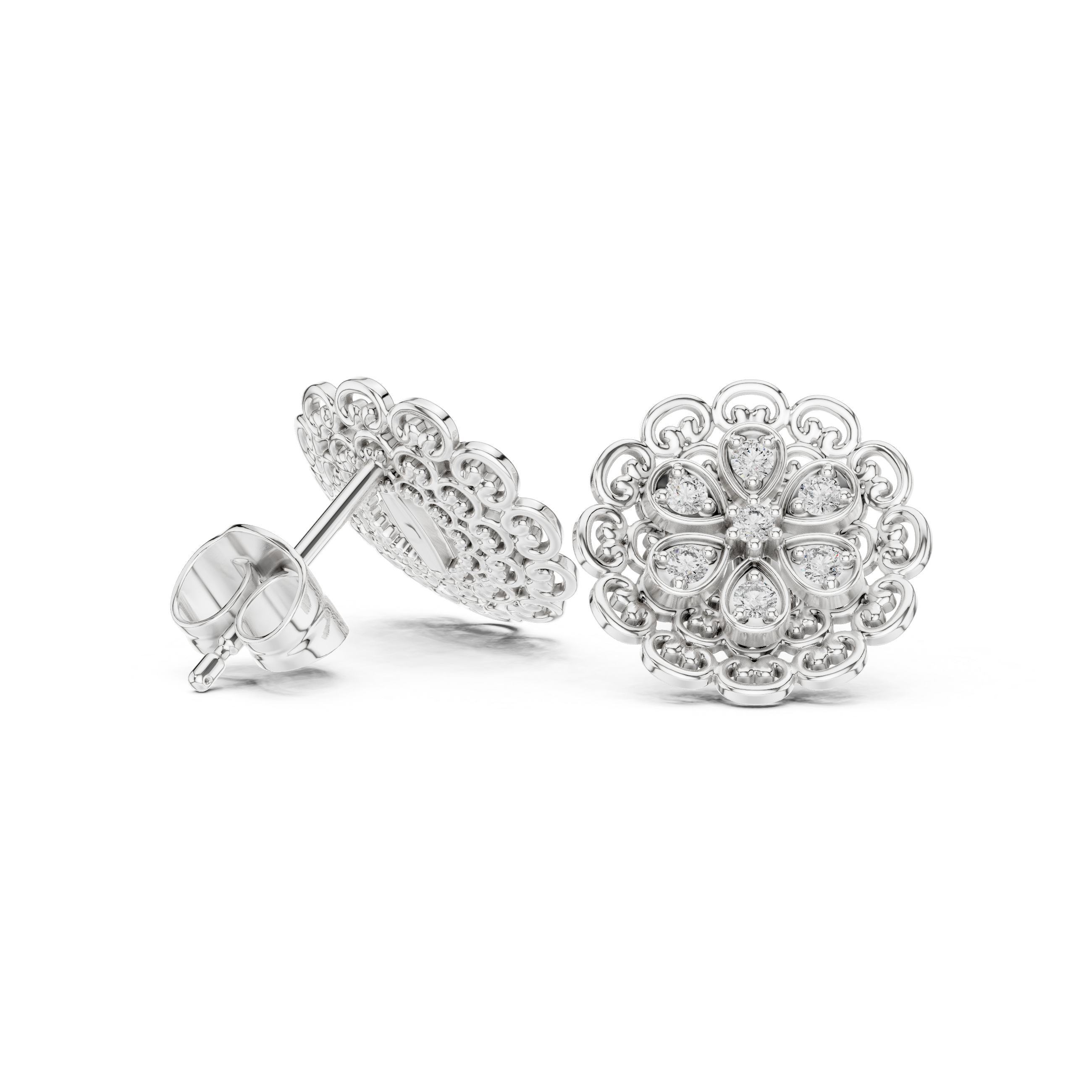 Vintage Lace Floral Diamond Stud Earrings – Intricate Filigree Bloom Design
