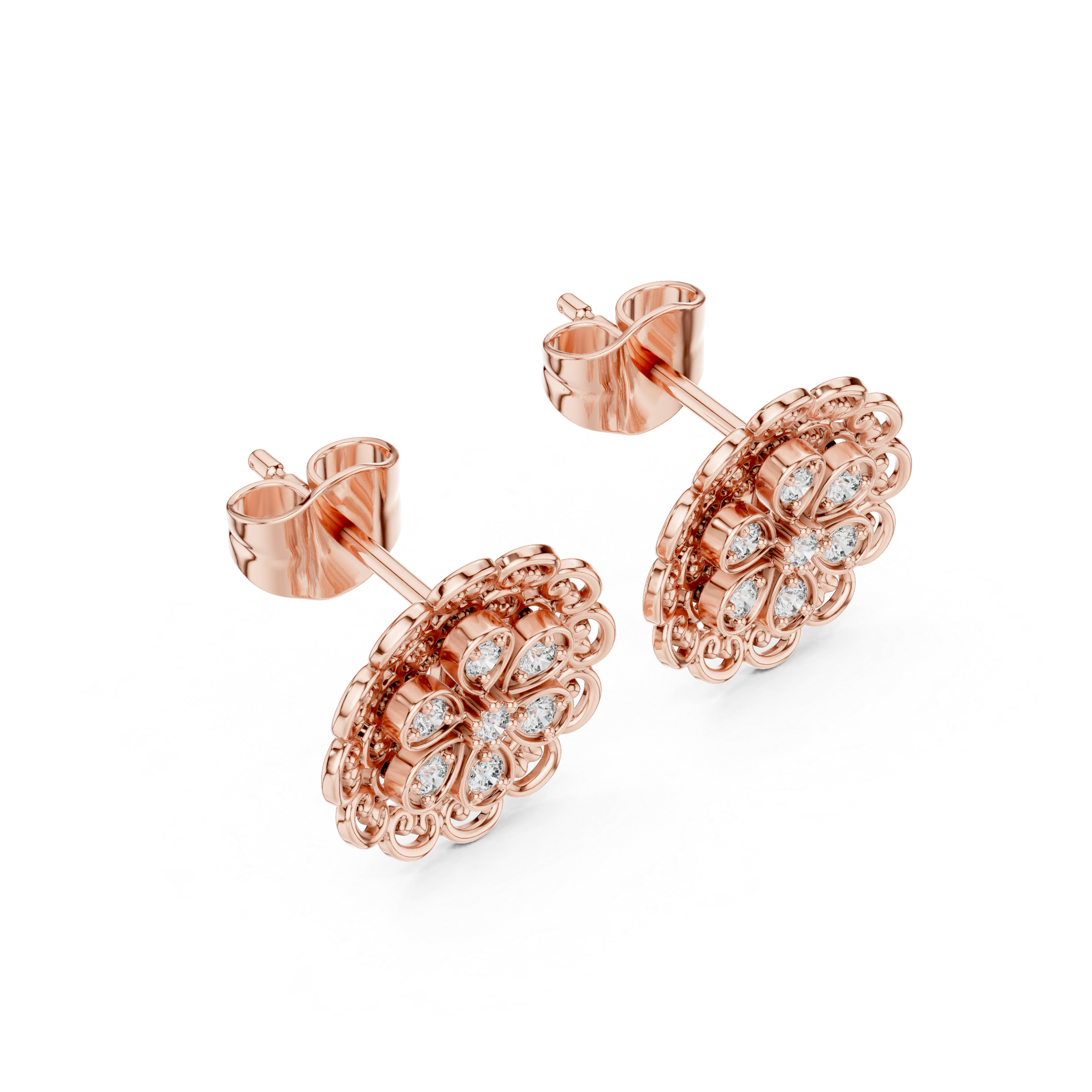 Vintage Lace Floral Diamond Stud Earrings – Intricate Filigree Bloom Design