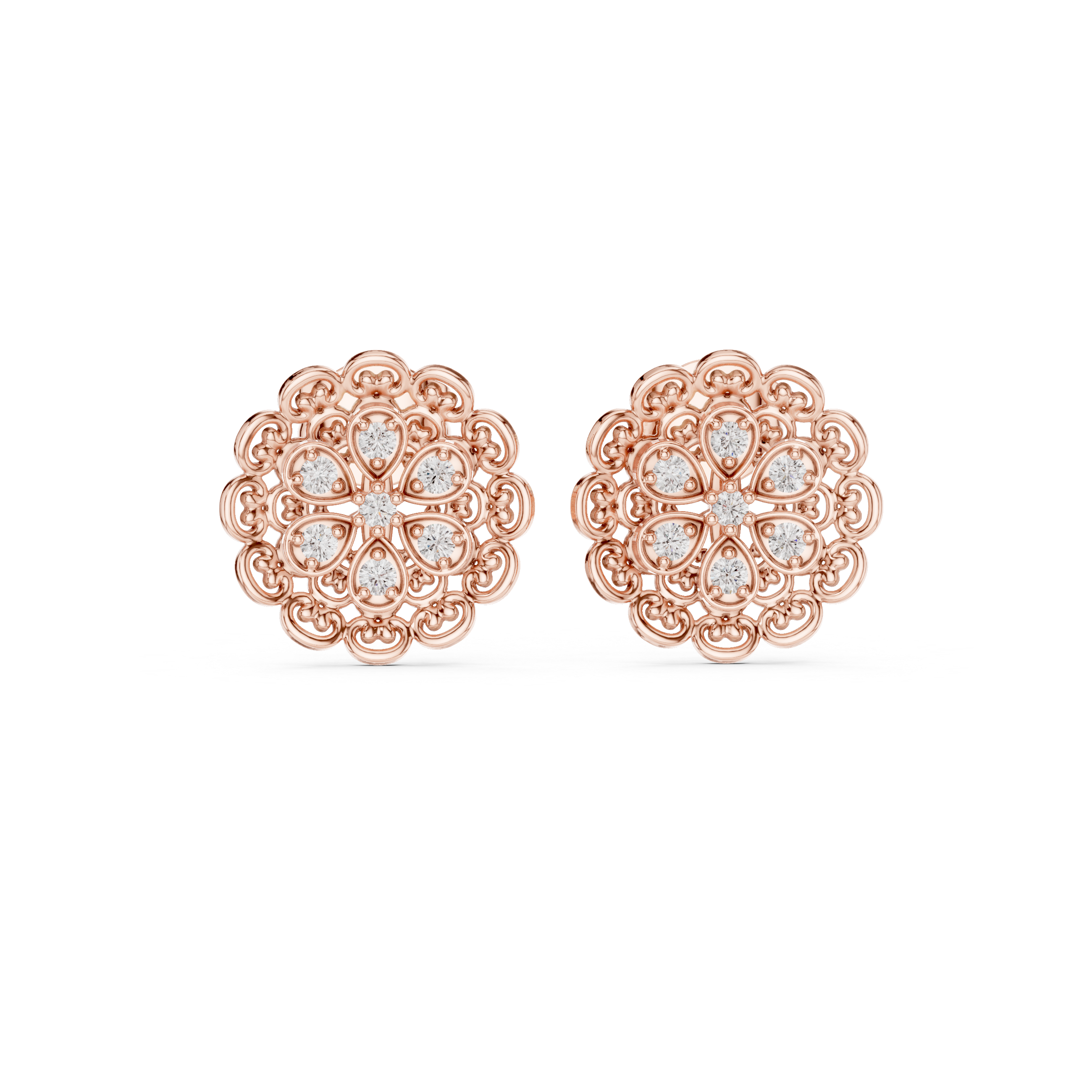 Vintage Lace Floral Diamond Stud Earrings – Intricate Filigree Bloom Design