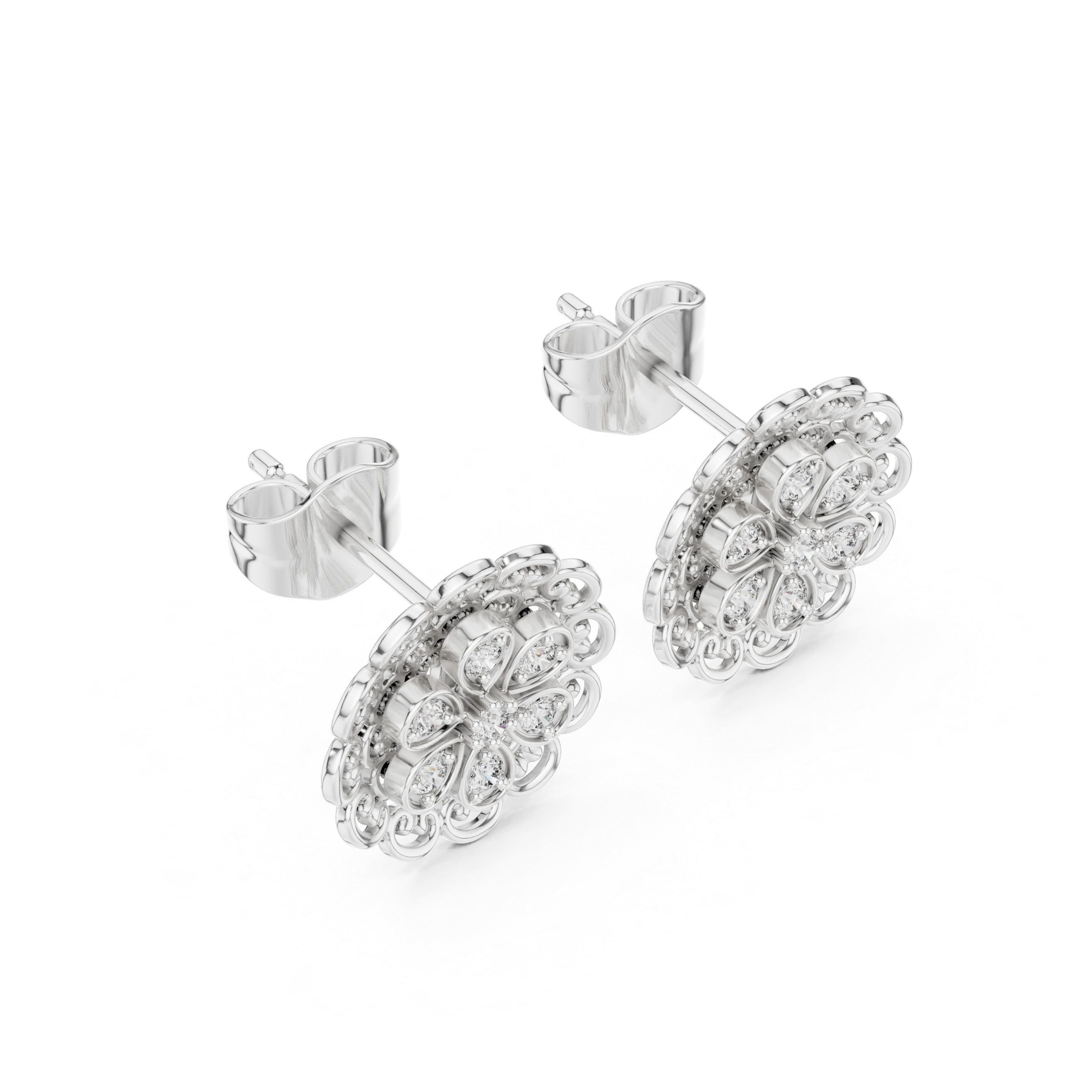Vintage Lace Floral Diamond Stud Earrings – Intricate Filigree Bloom Design