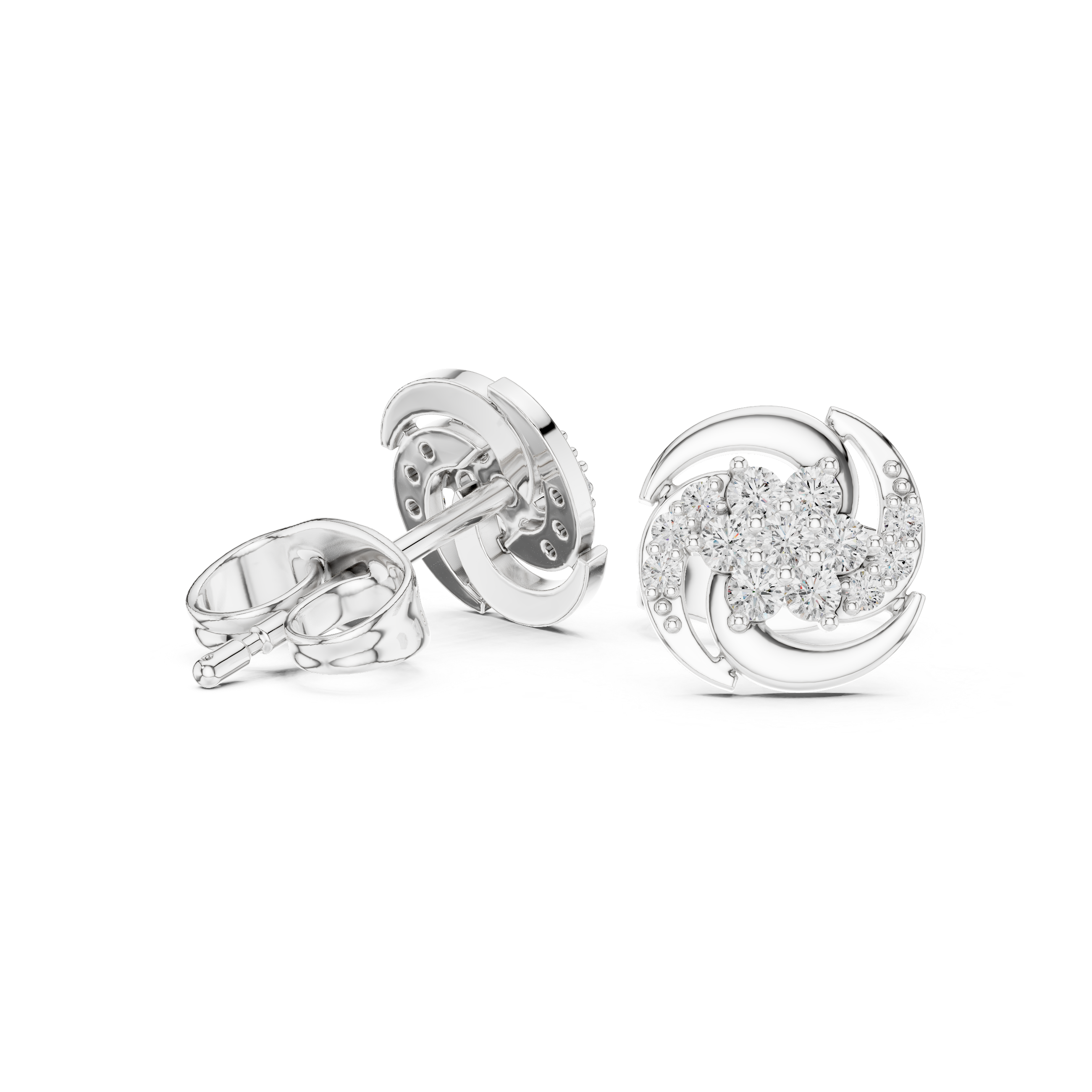 Swirl Halo Diamond Cluster Stud Earrings