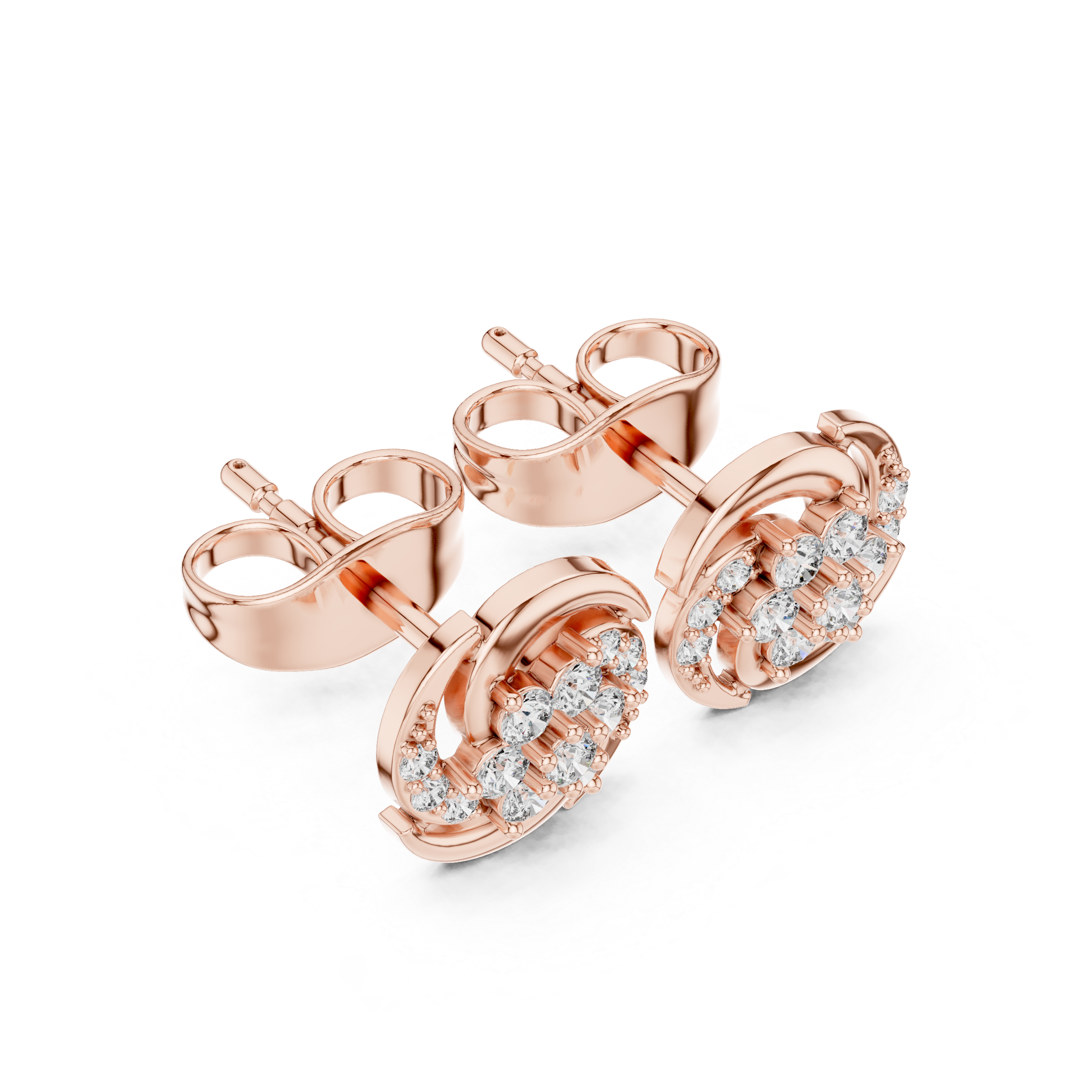 Swirl Halo Diamond Cluster Stud Earrings
