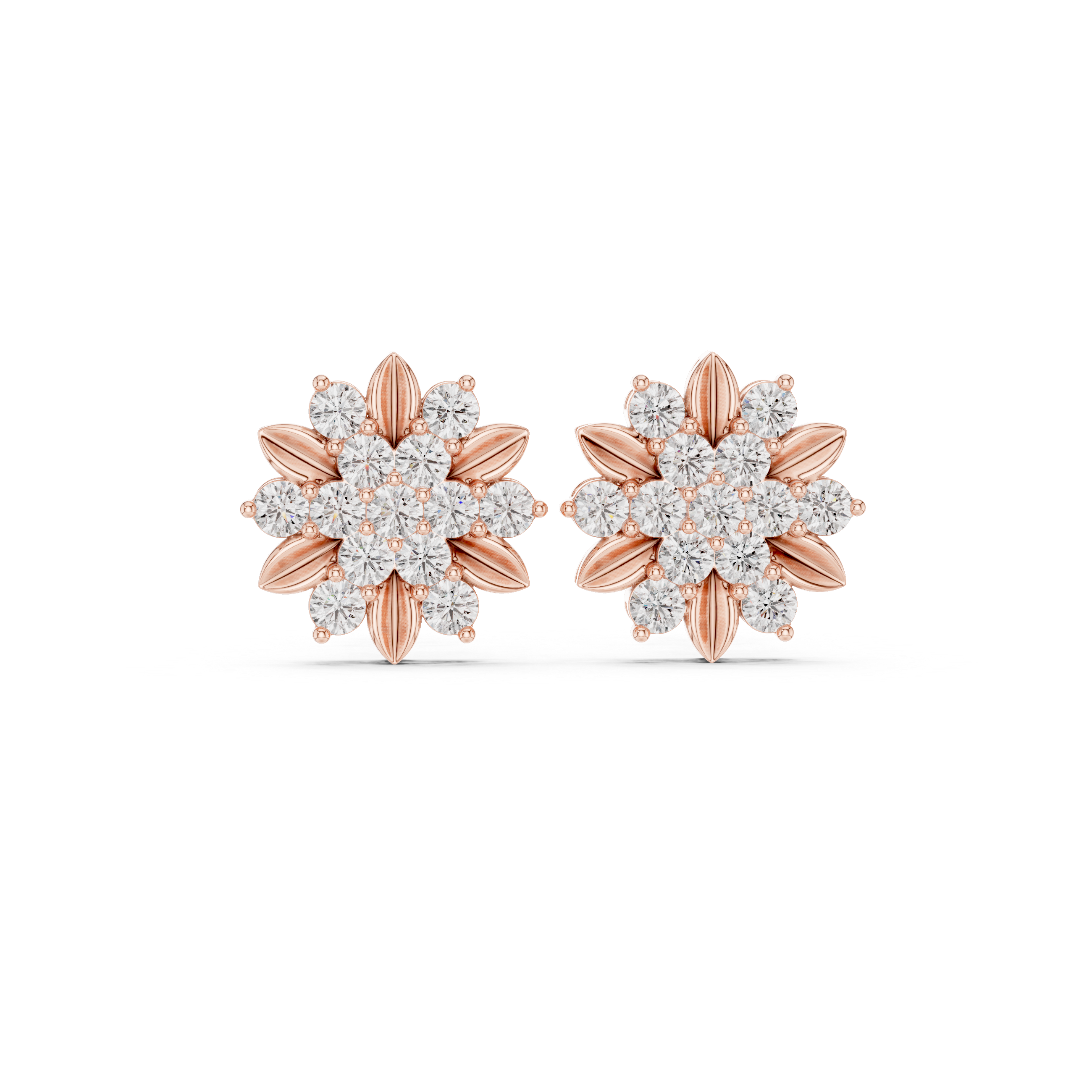 Floral Diamond Cluster Stud Earrings with Gold Petal Accents