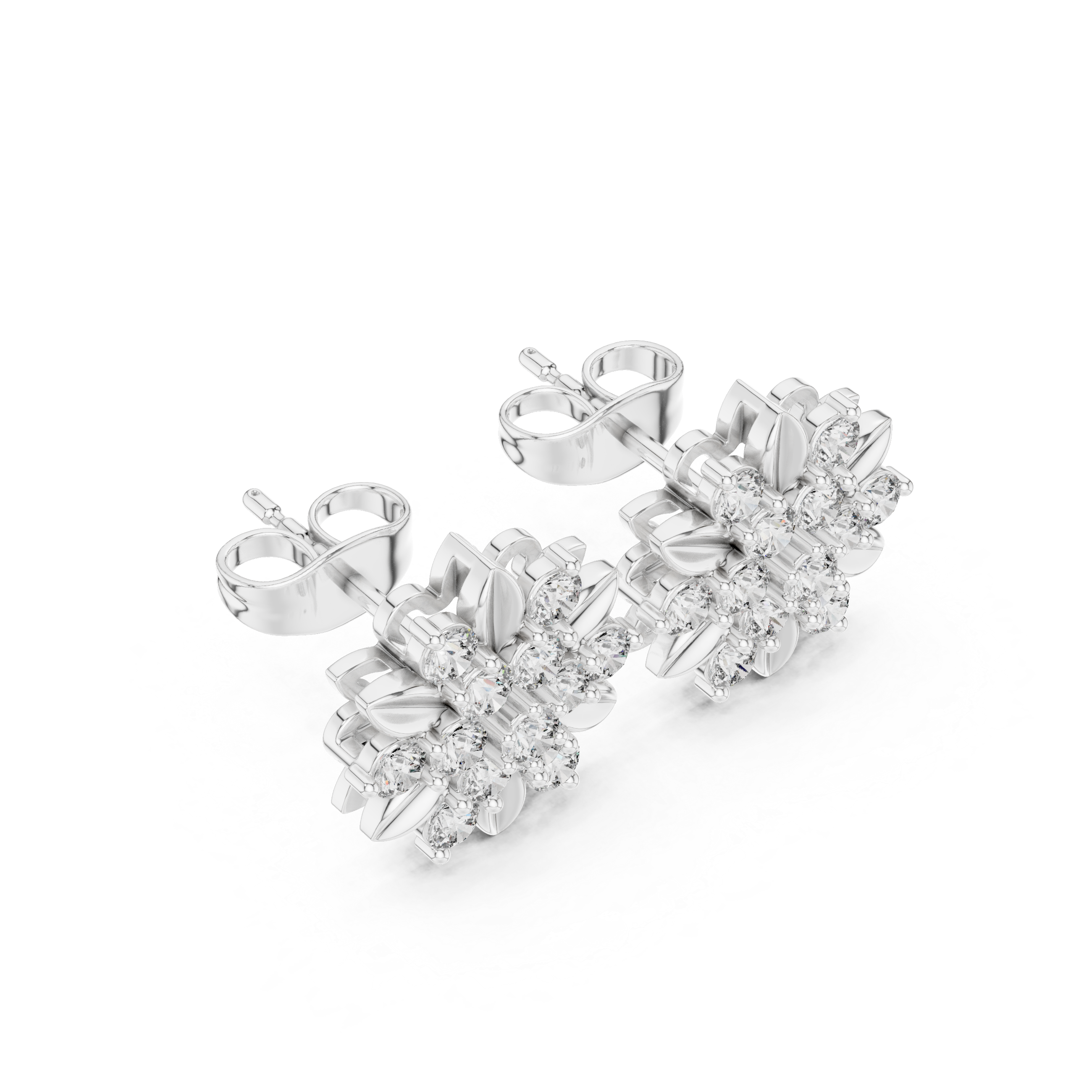 Floral Diamond Cluster Stud Earrings with Gold Petal Accents