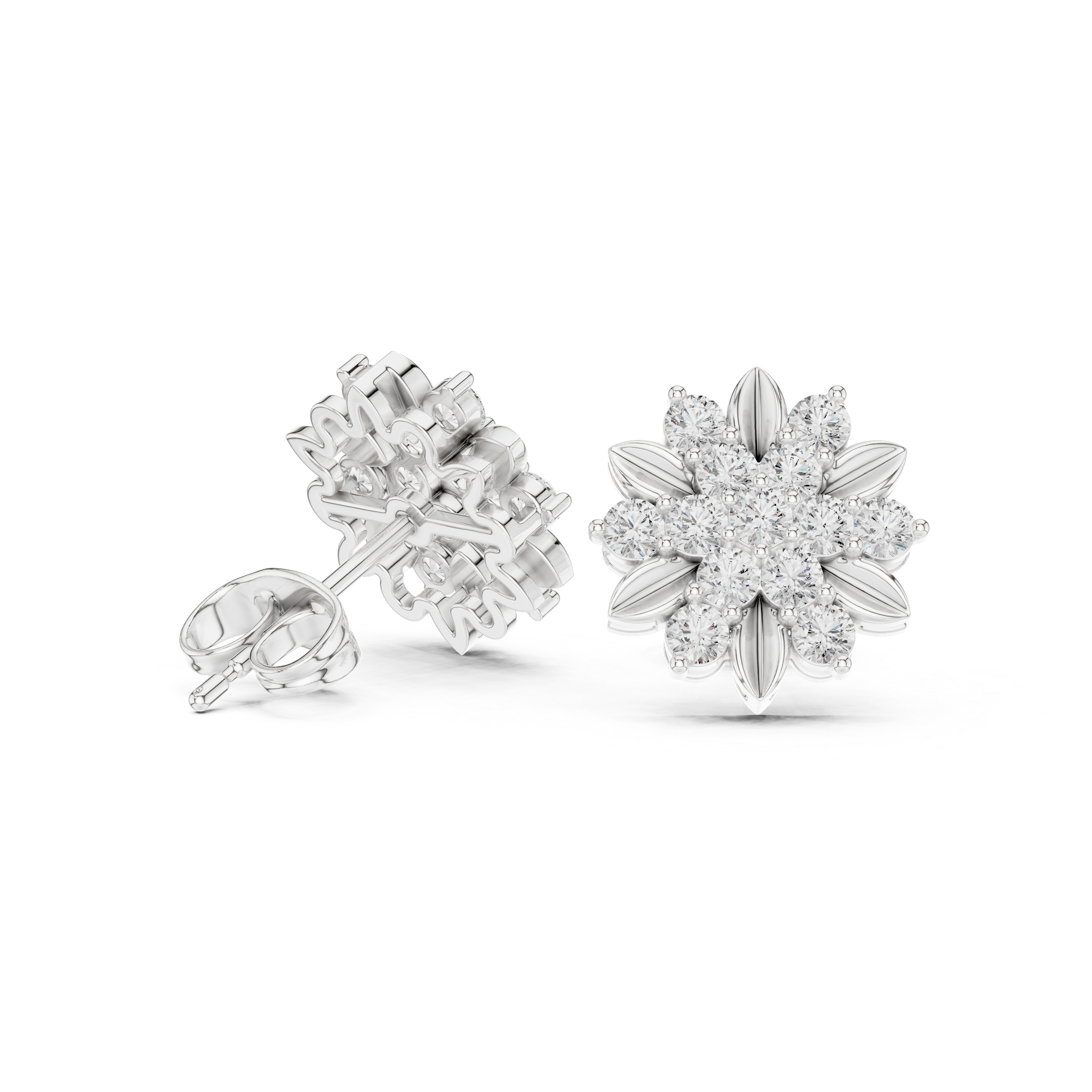 Floral Diamond Cluster Stud Earrings with Gold Petal Accents