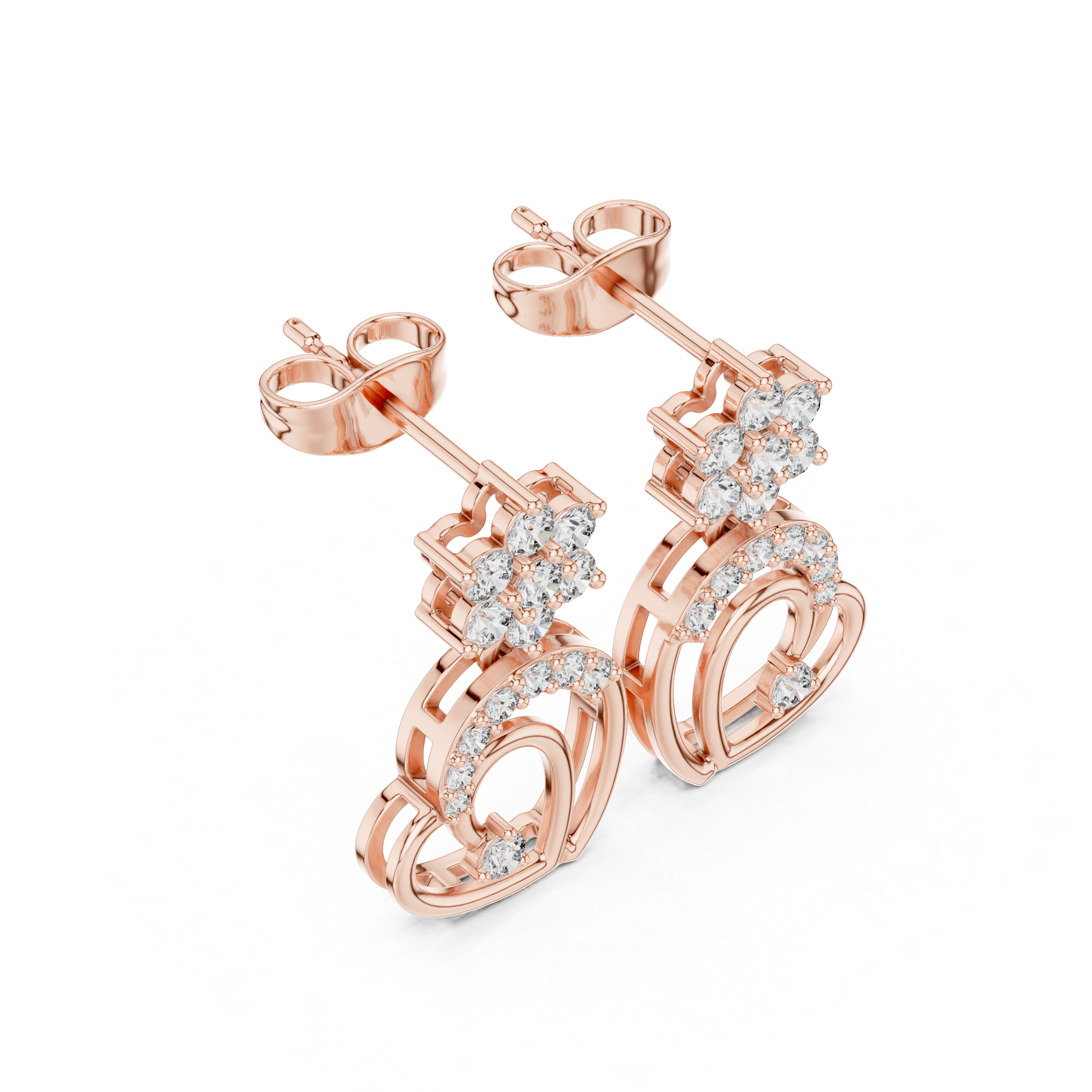 Diamond Floral & Heart Drop Earrings in Gold