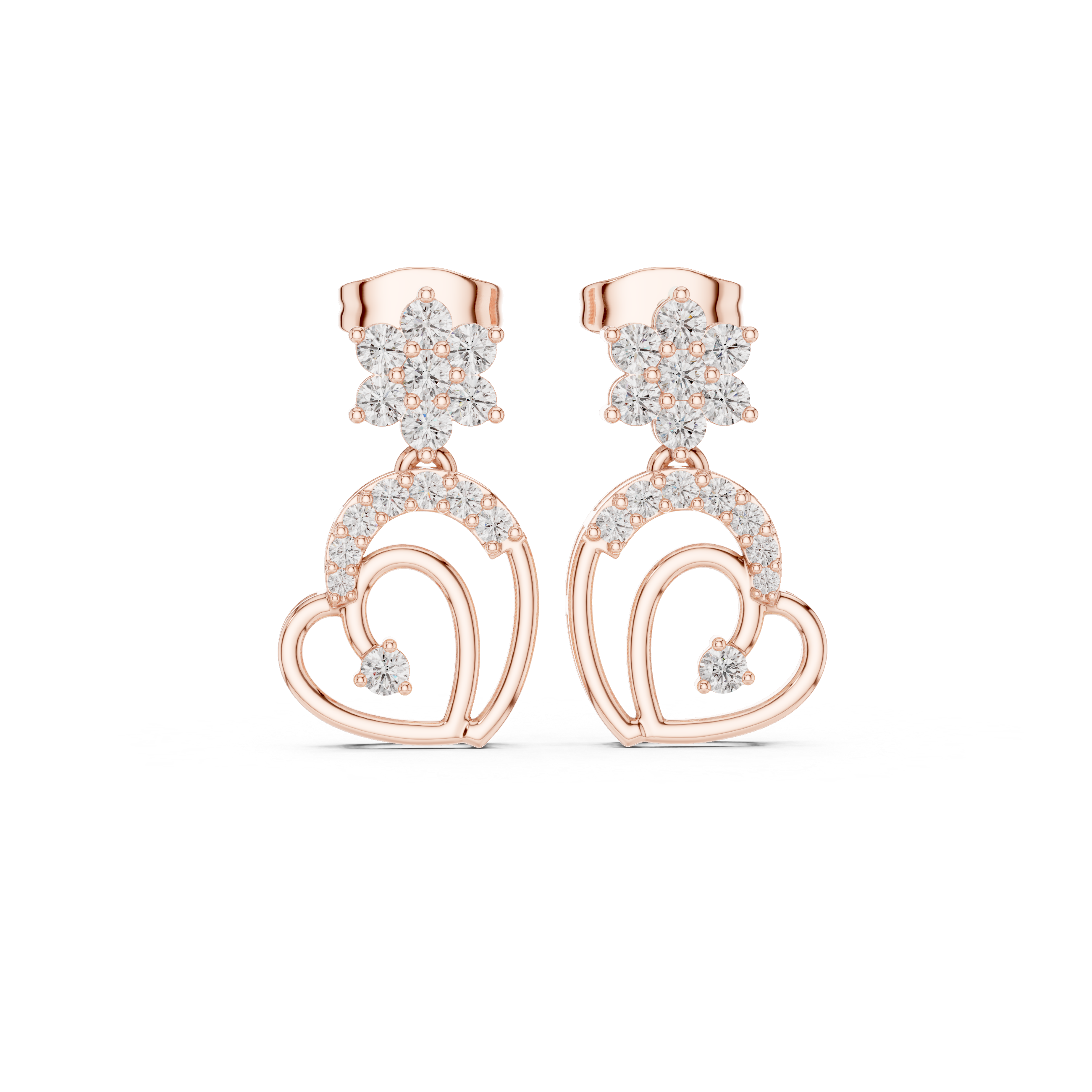 Diamond Floral & Heart Drop Earrings in Gold