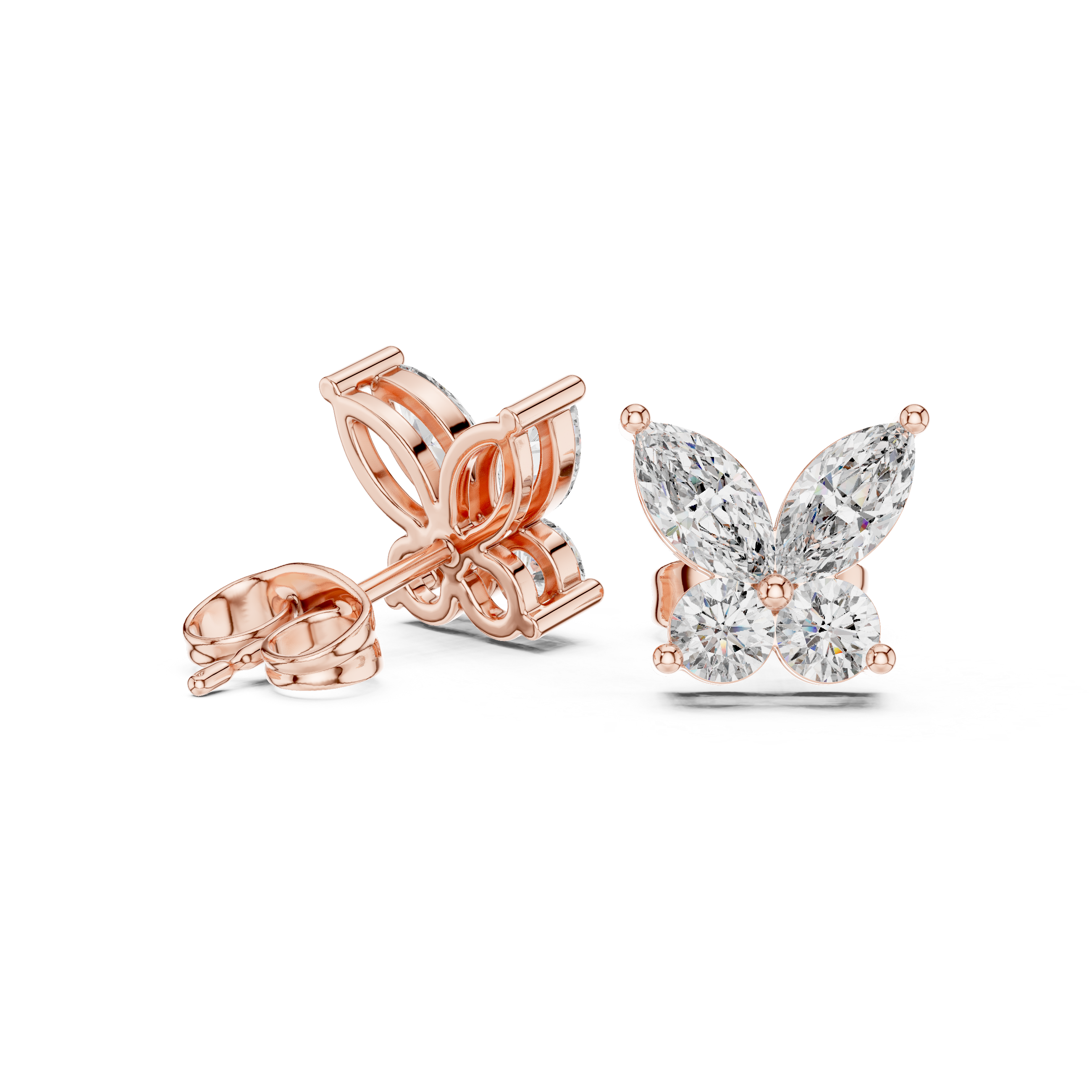 Marquise & Round Diamond Butterfly Stud Earrings in Gold
