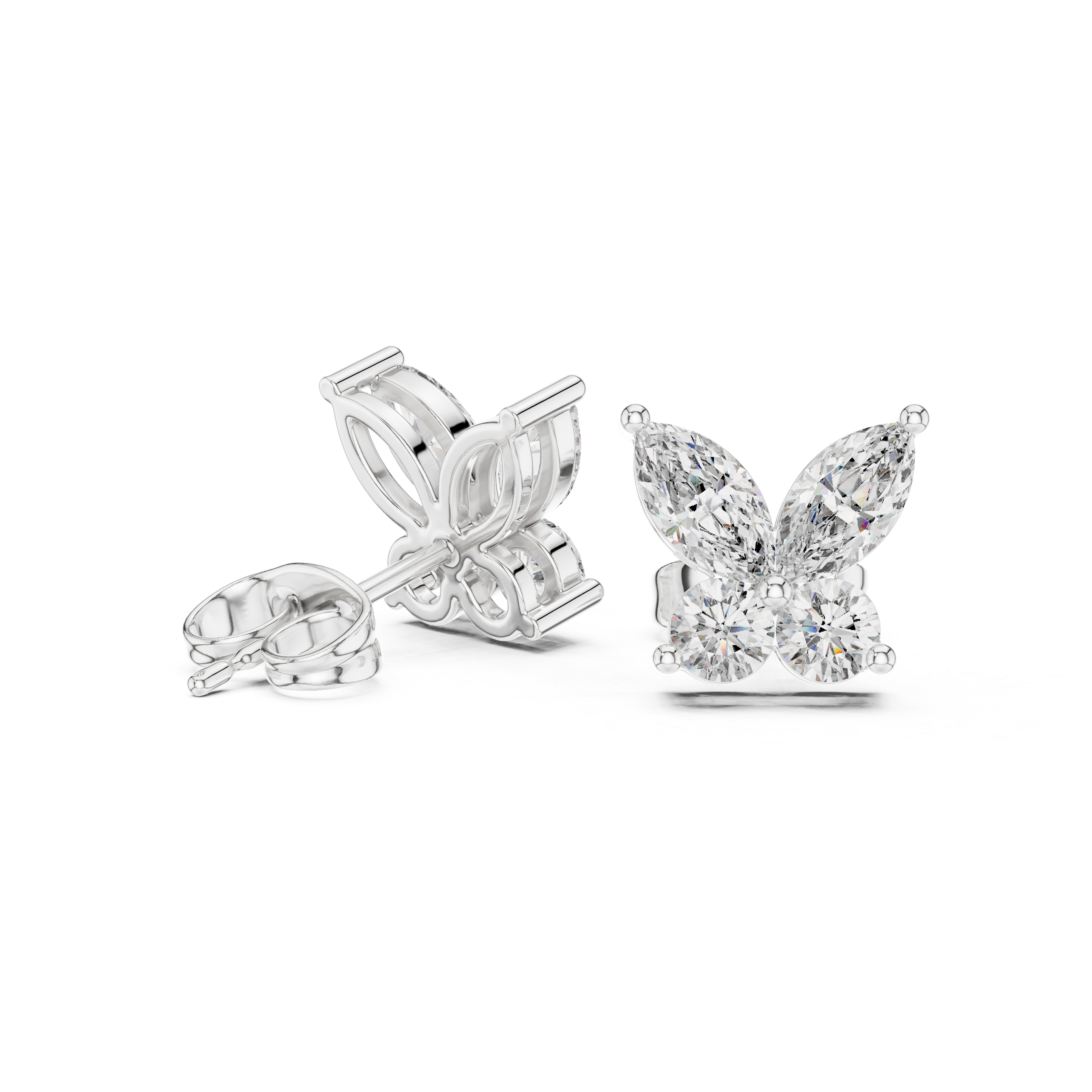 Marquise & Round Diamond Butterfly Stud Earrings in Gold