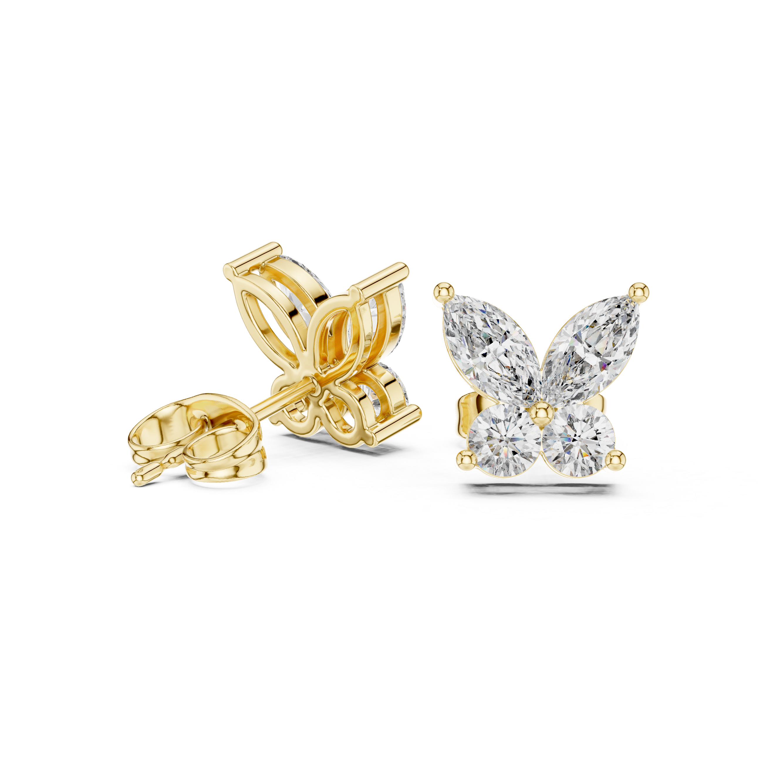 Marquise & Round Diamond Butterfly Stud Earrings in Gold