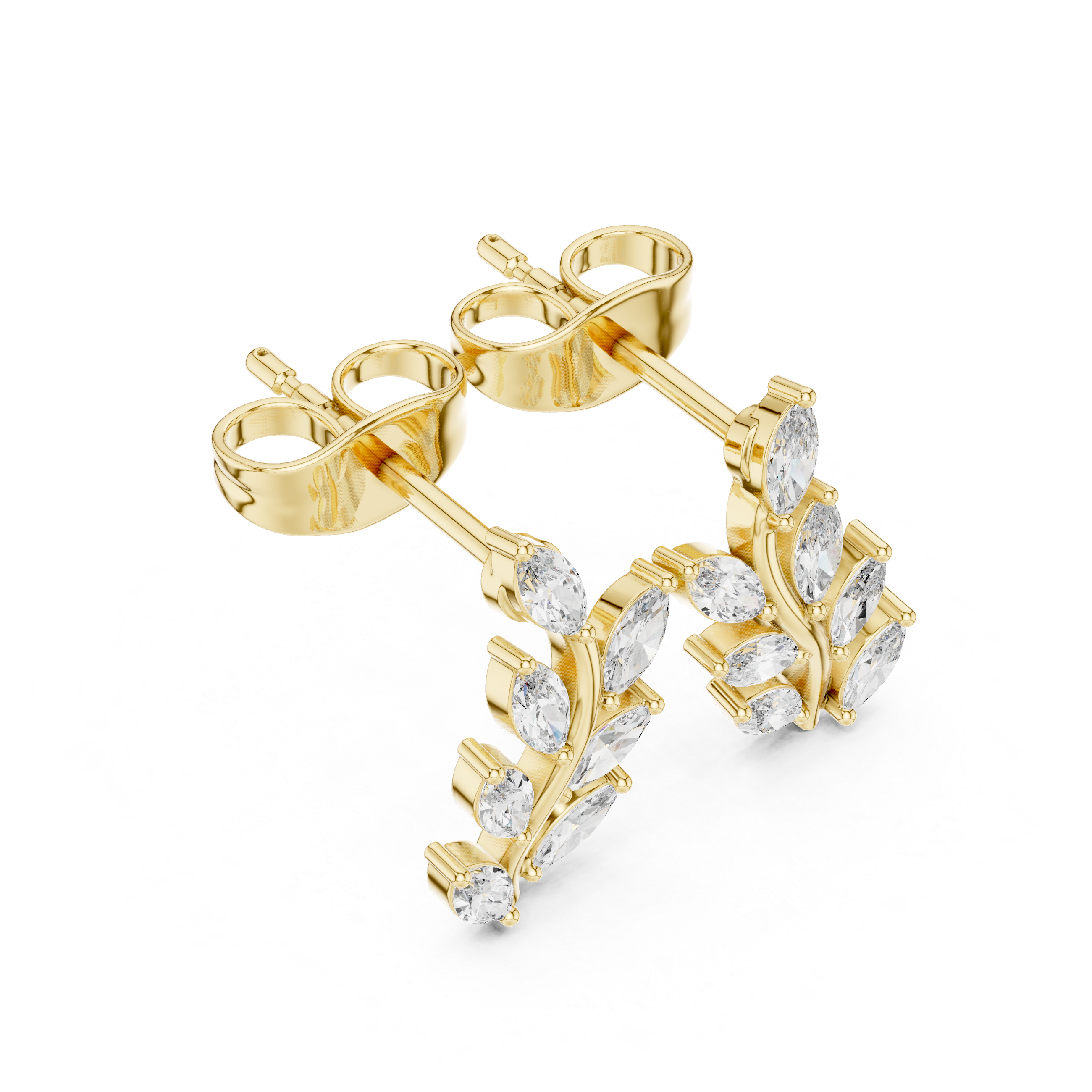 Marquise Diamond Leaf Branch Stud Earrings in Gold
