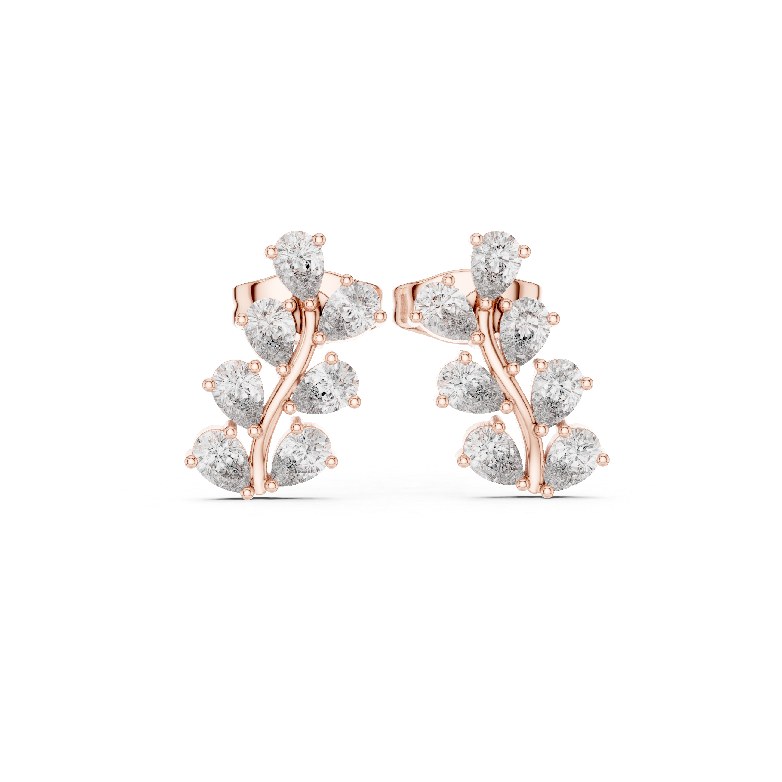 Pear Diamond Leaf Branch Stud Earrings in Gold