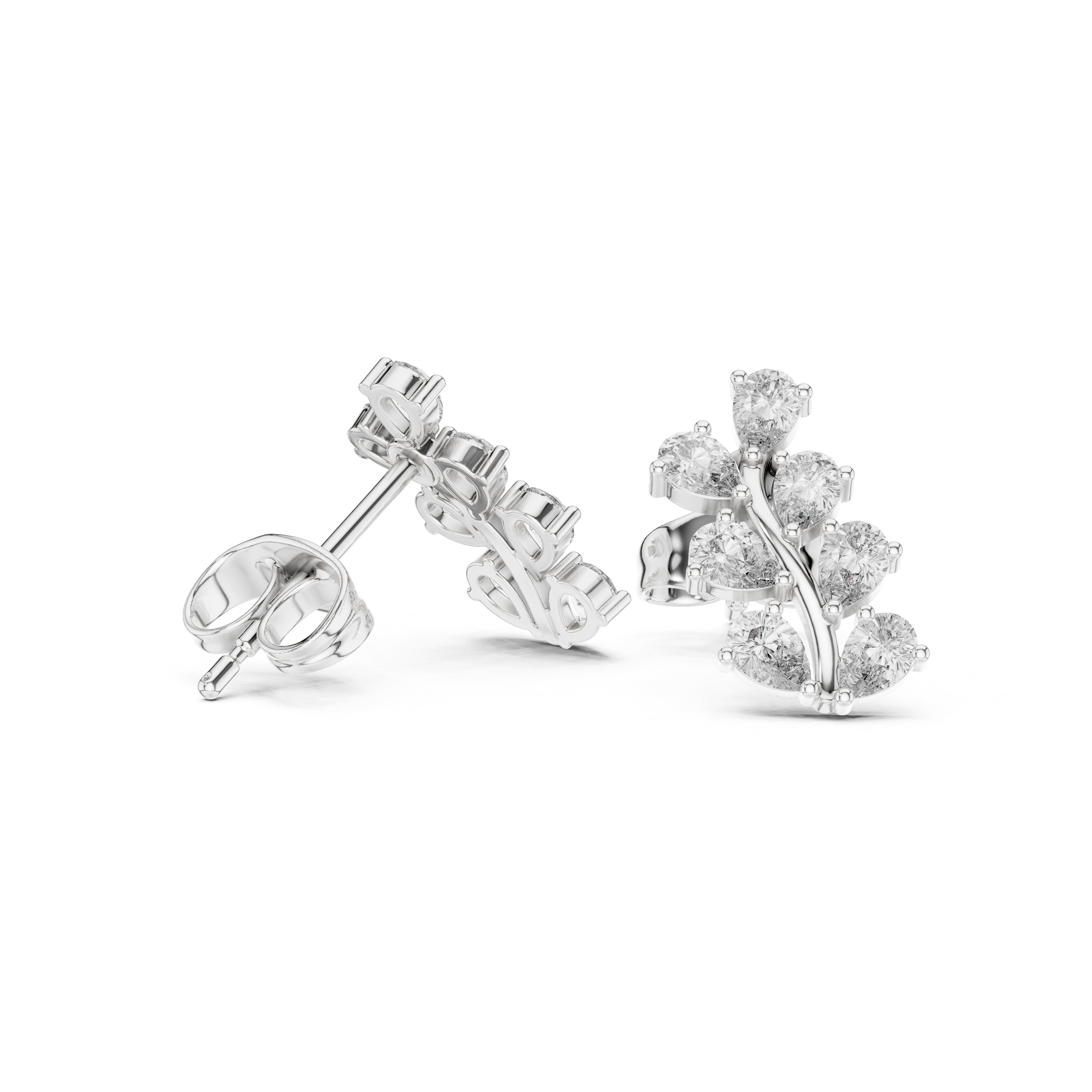Pear Diamond Leaf Branch Stud Earrings in Gold