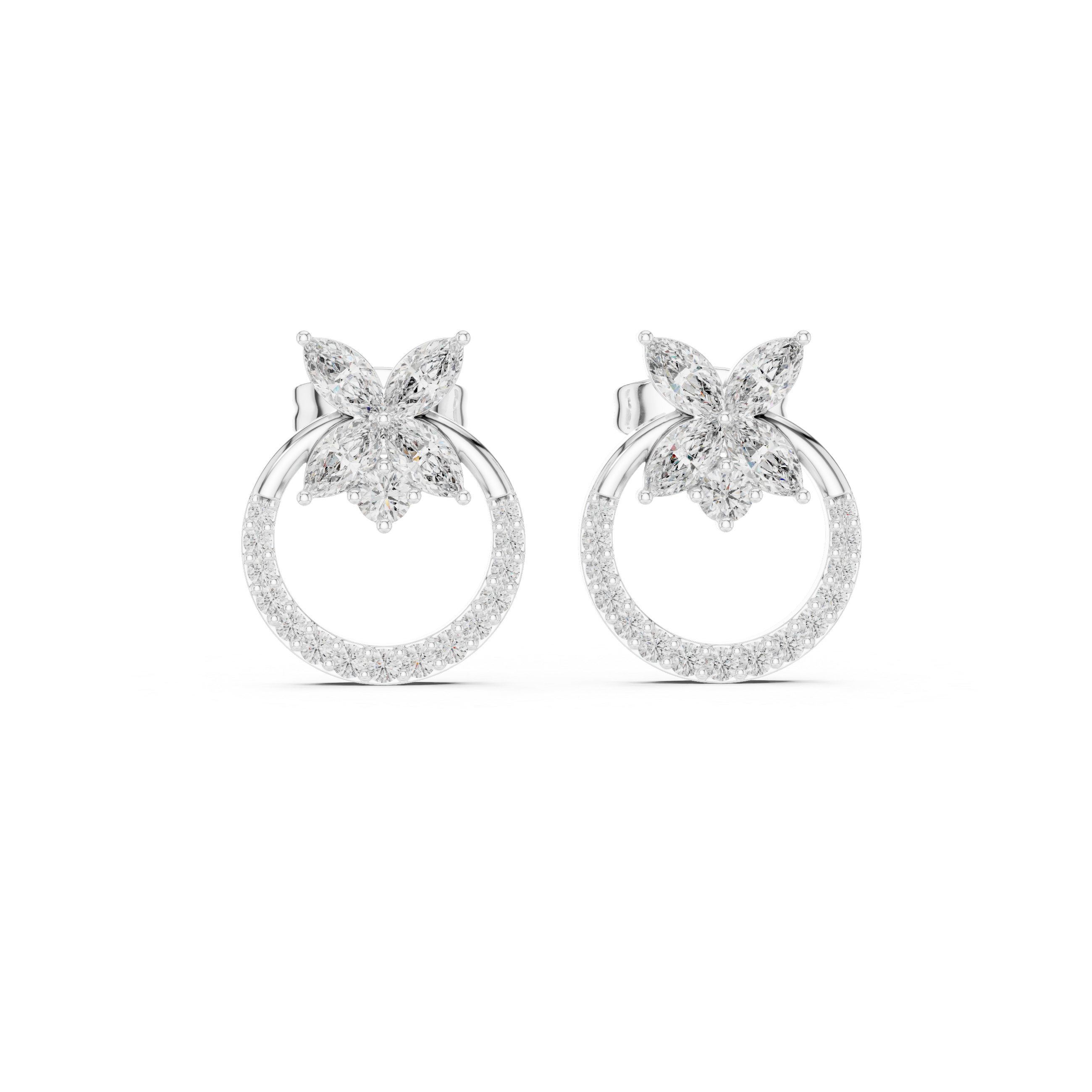 Floral Halo Diamond Circle Stud Earrings in Gold
