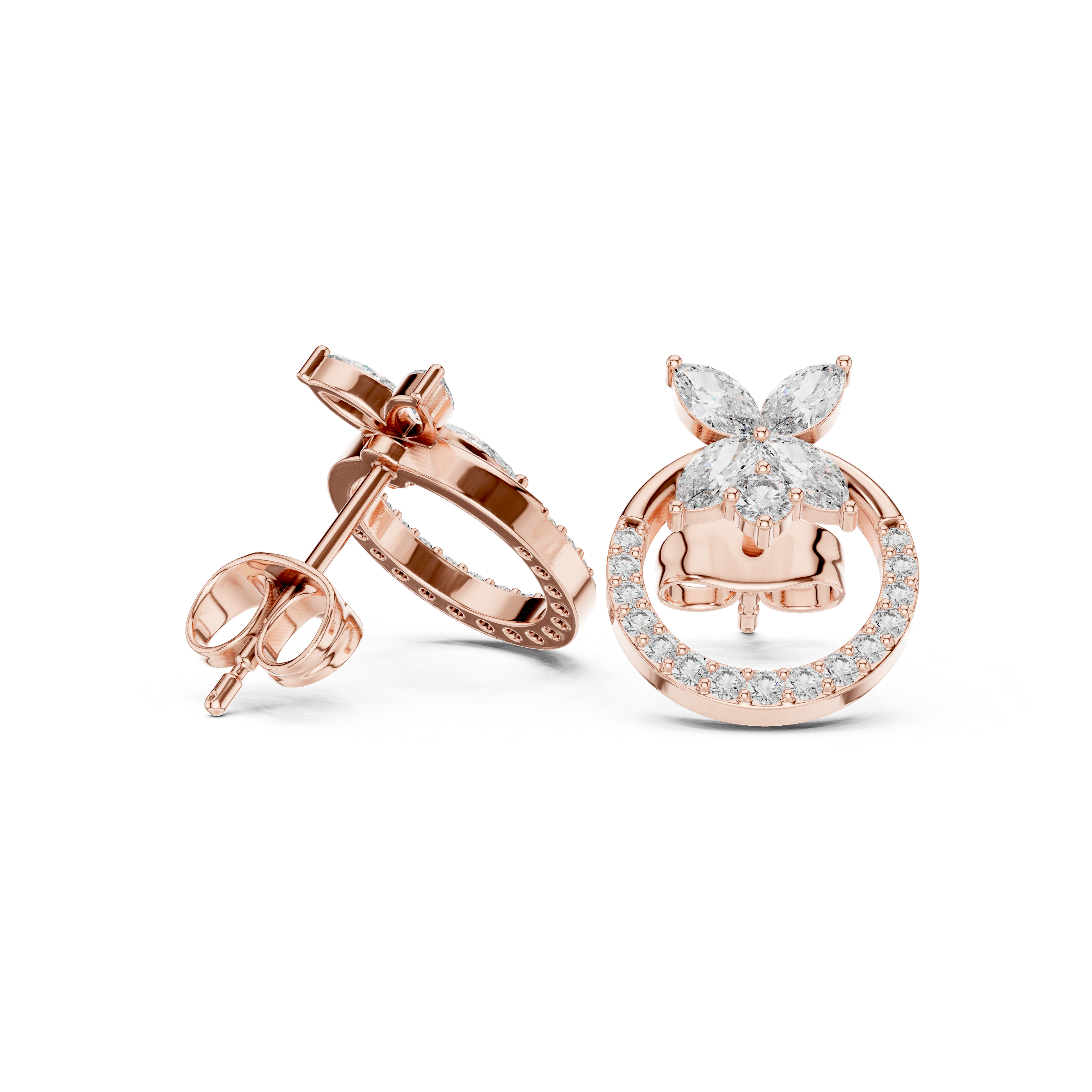 Floral Halo Diamond Circle Stud Earrings in Gold
