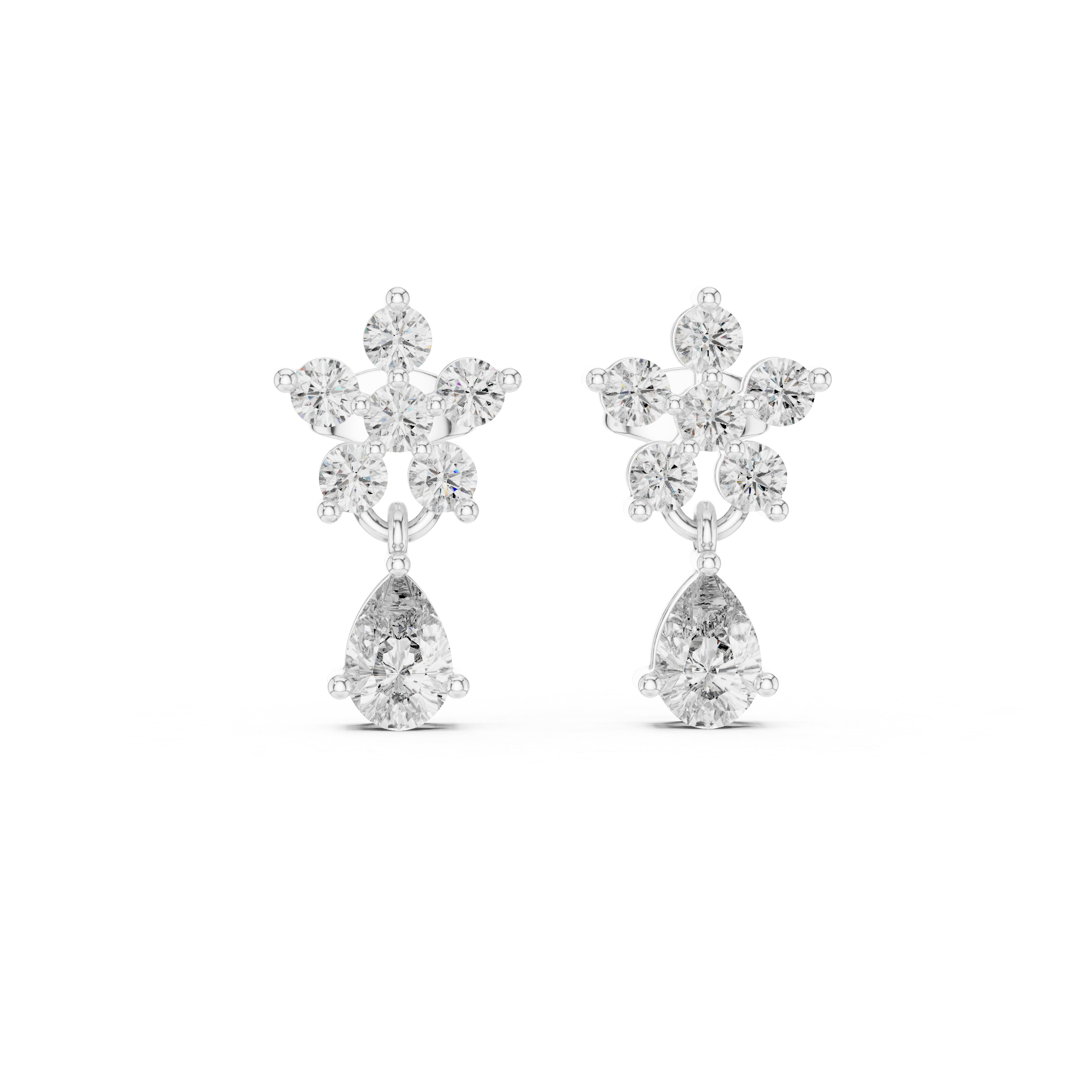 Floral Diamond Drop Earrings – Round Cluster with Pear Drop