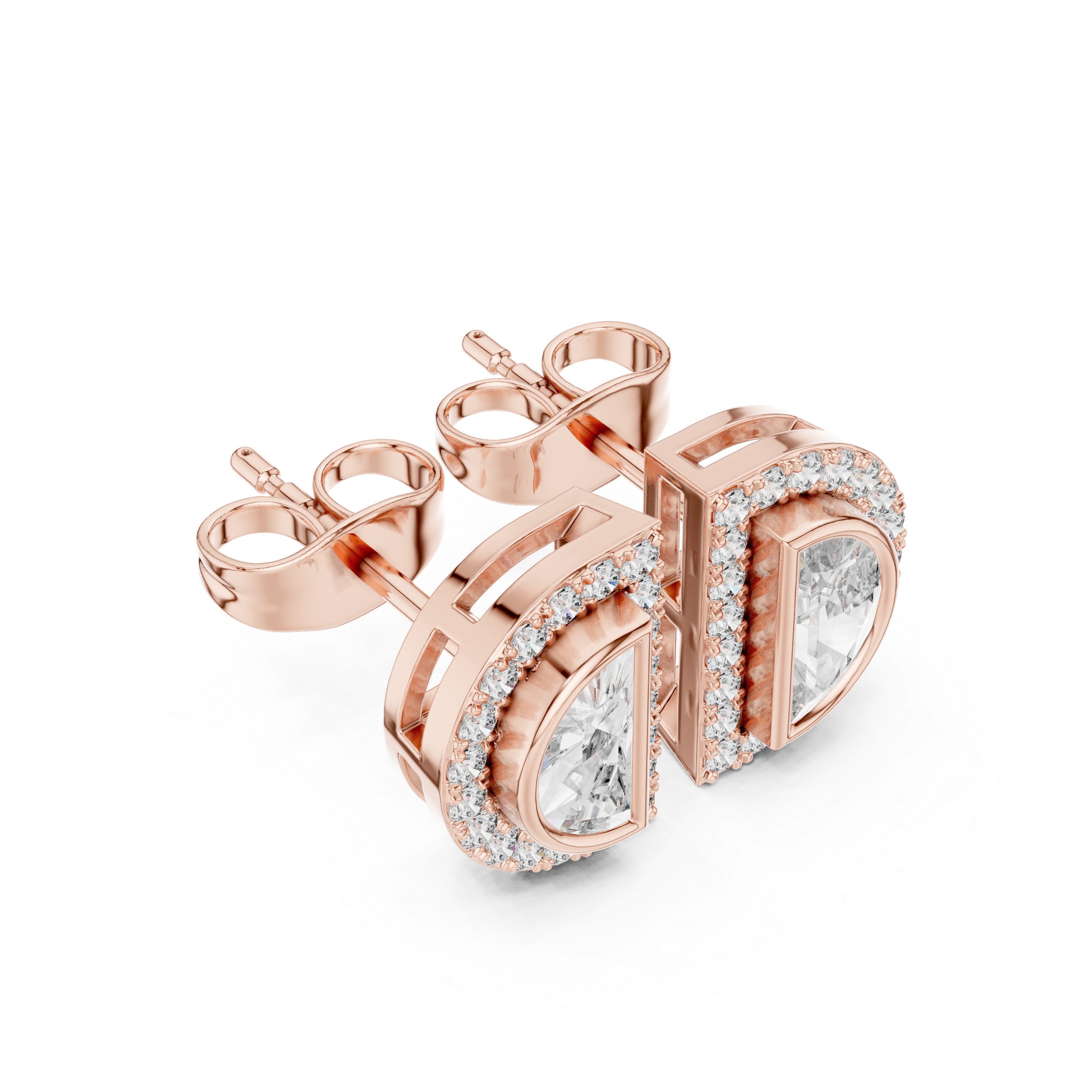 Half Moon Diamond Stud Earrings – Double Halo Geometric Design