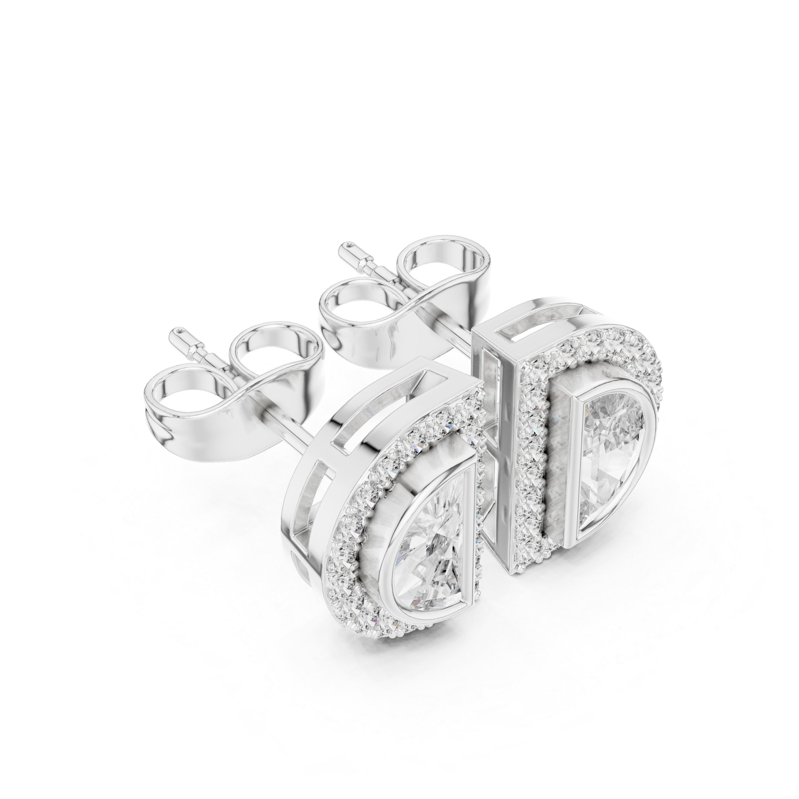 Half Moon Diamond Stud Earrings – Double Halo Geometric Design