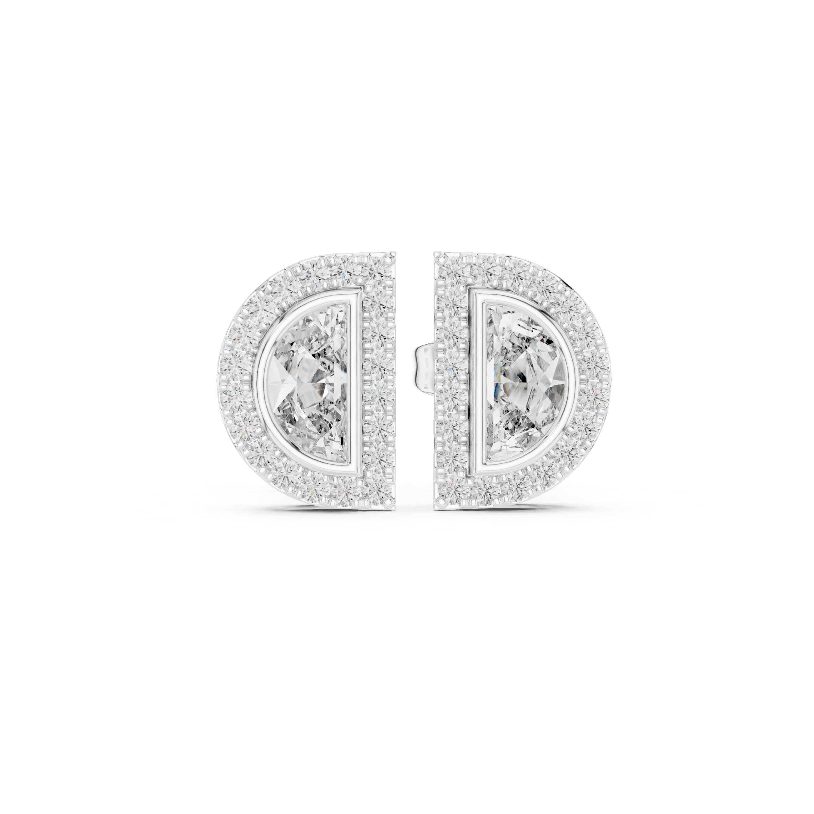 Half Moon Diamond Stud Earrings – Double Halo Geometric Design
